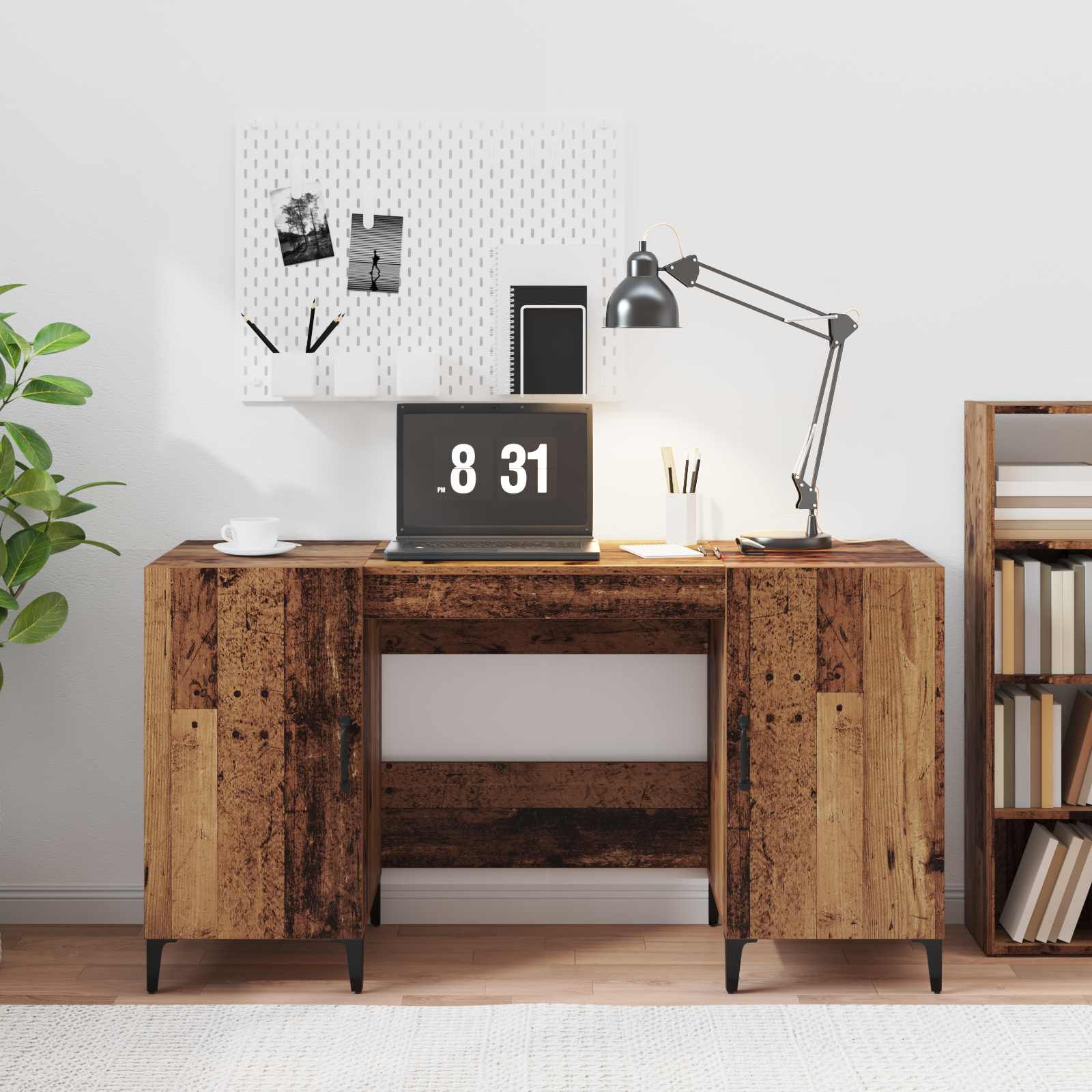 Skrivebord med døre - gammelt træ look, 140 × 50 × 75 cm, konstrueret træ