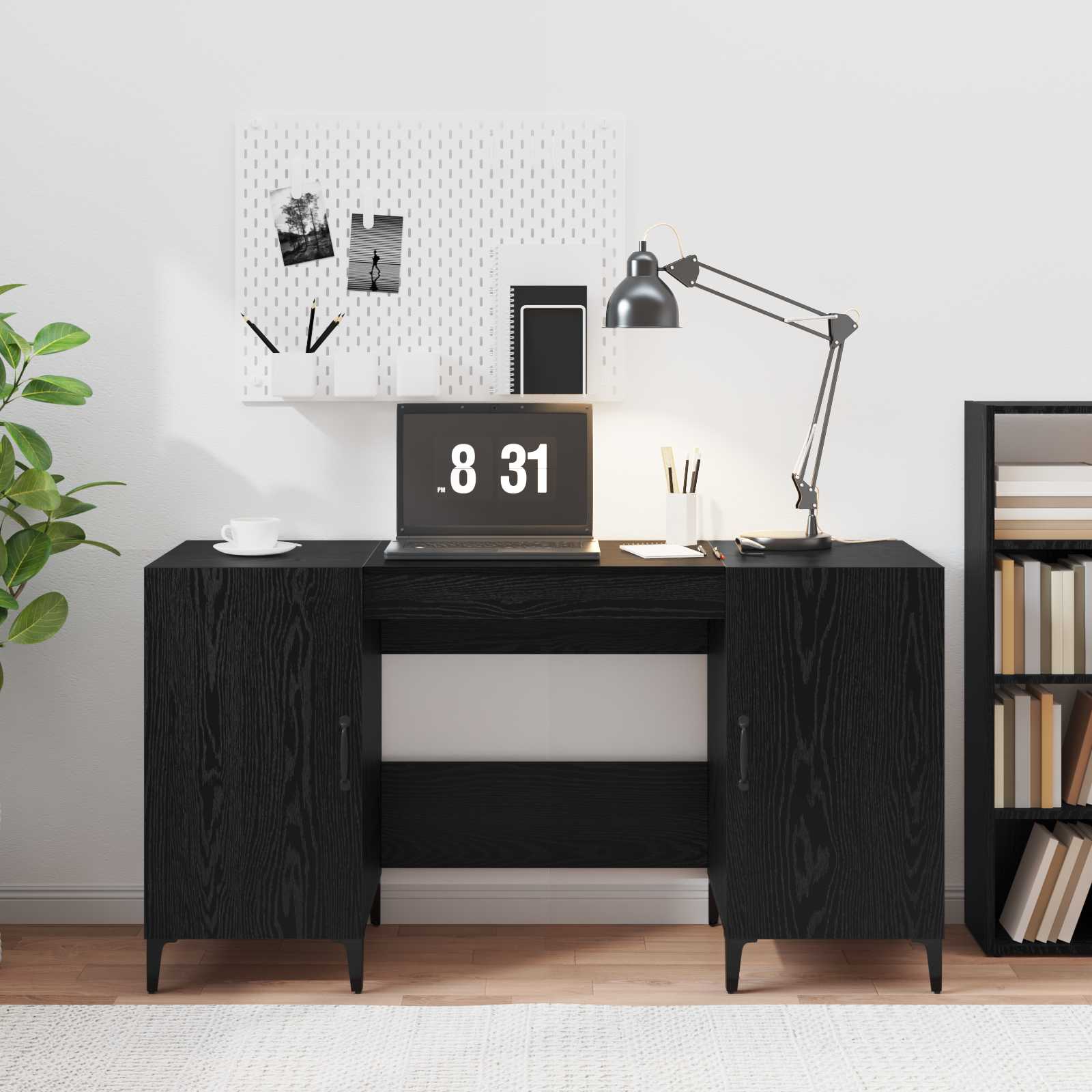 Skrivebord med opbevaring - sort eg, 140 × 50 × 75 cm, konstrueret træ