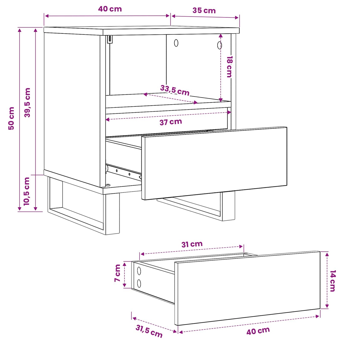 Sengeskab med skuffe Sort eg 40 x 35 x 50 cm Konstrueret træ