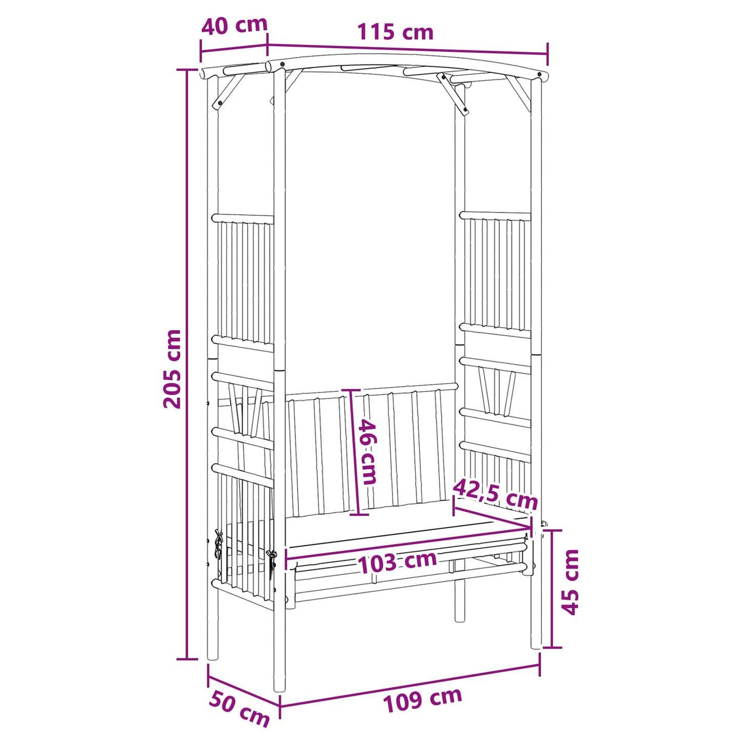 Havebue med Bænk Cremehvid 115 x 50 x 205 cm Bambus