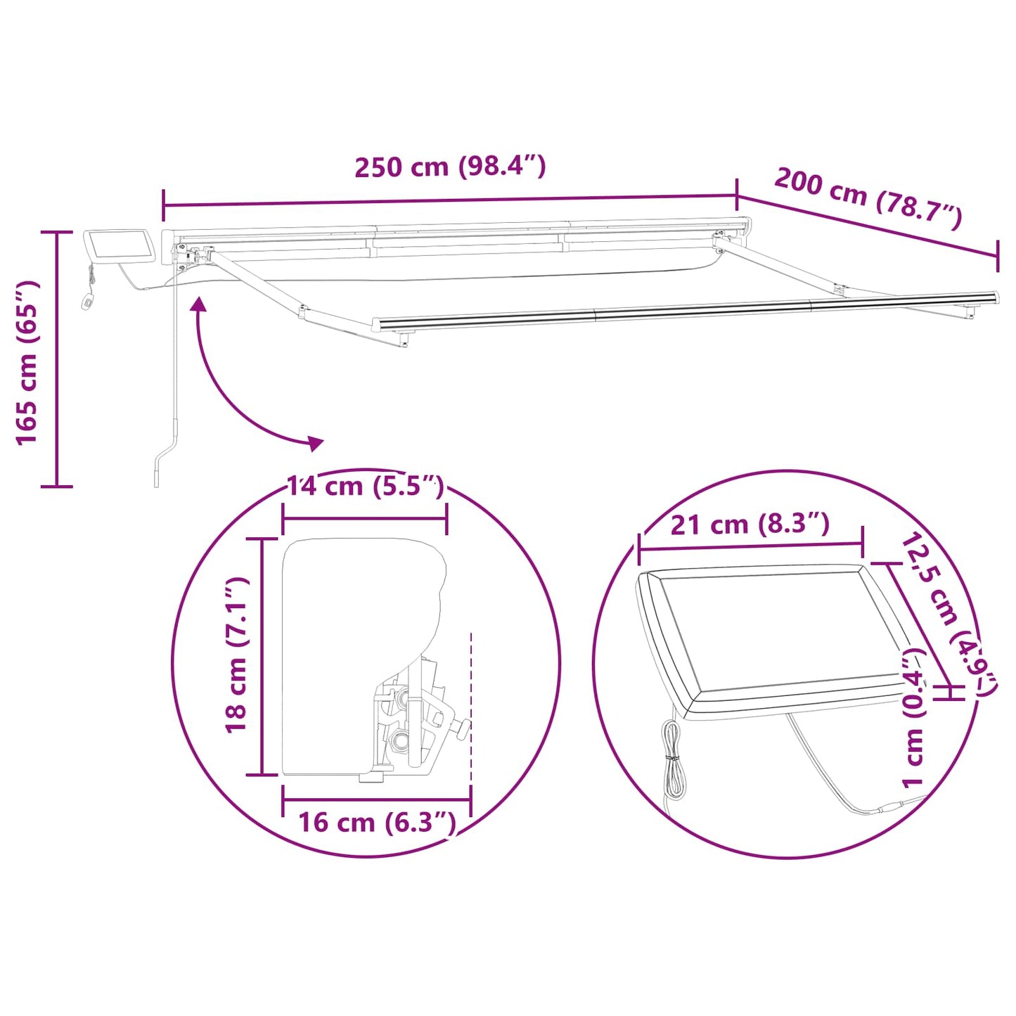 Manuel markise-ramme med LED-lys Hvid 2,5 x 2 m Aluminium