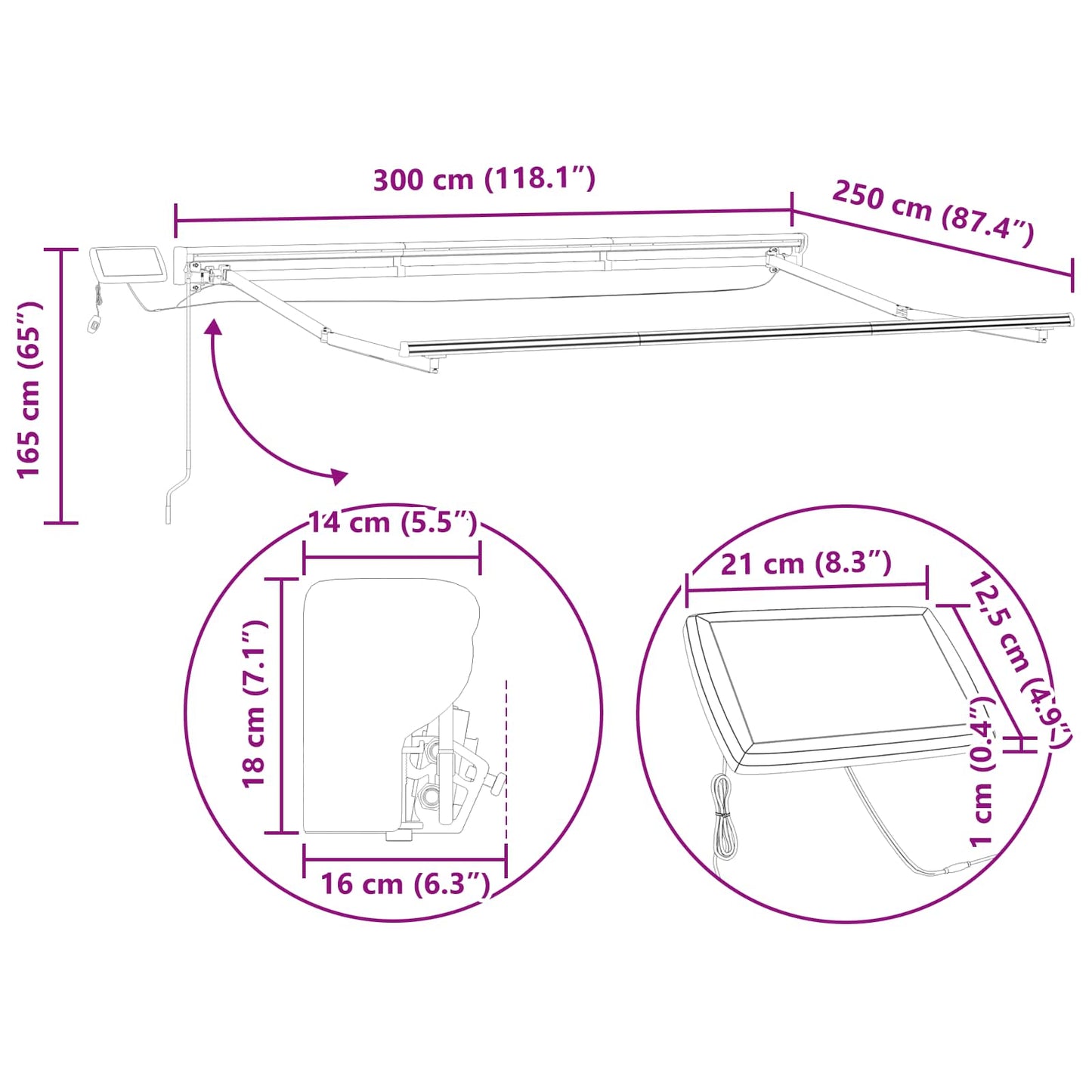 Manuel markise-ramme med LED-lys Hvid 3 x 2,5 m Aluminium