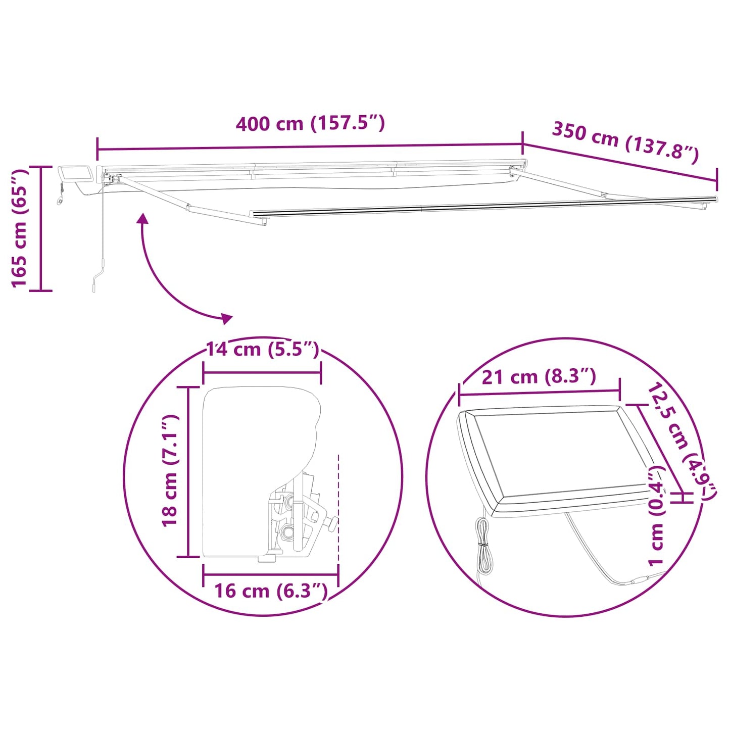 Manuel markise-ramme med LED-lys Antracit 4 × 3,5 m Aluminium
