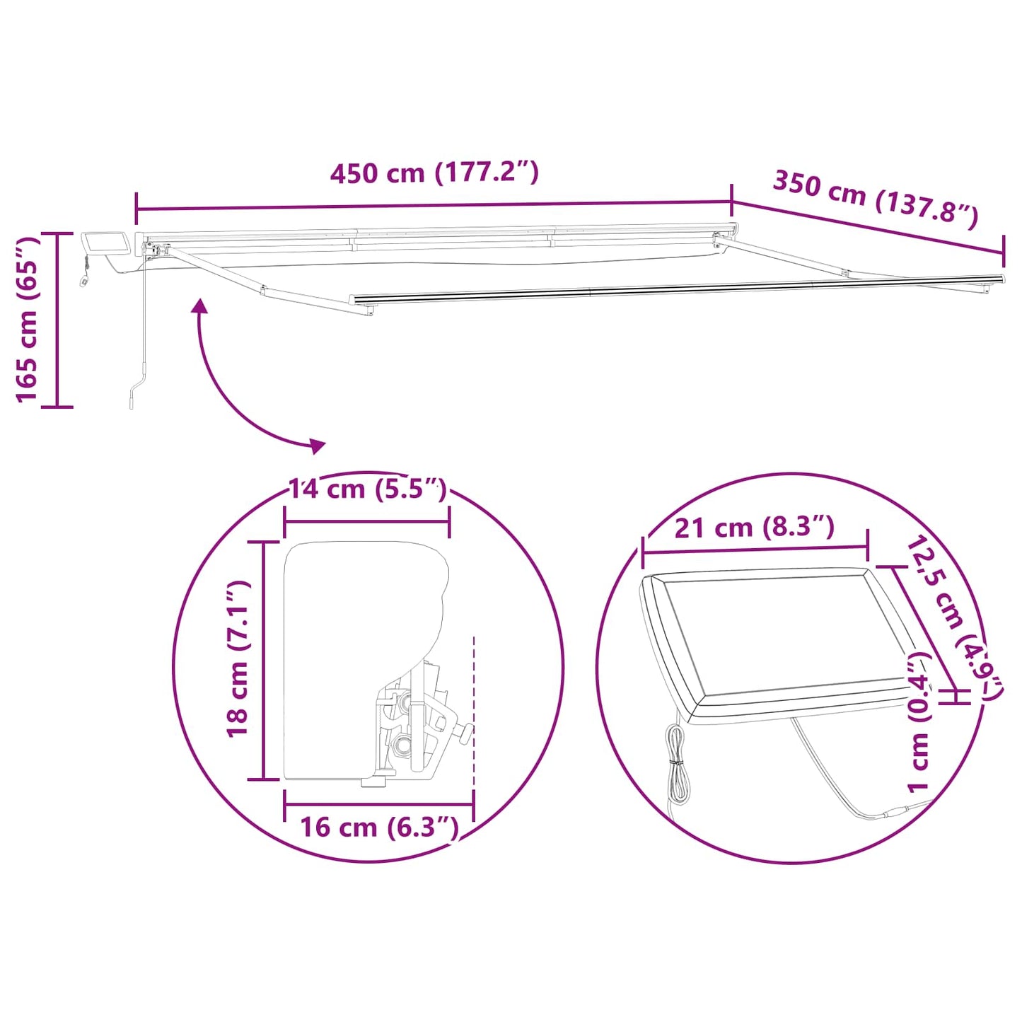 Manuel markise-ramme med LED-lys Antracit 4,5 × 3,5 m Aluminium