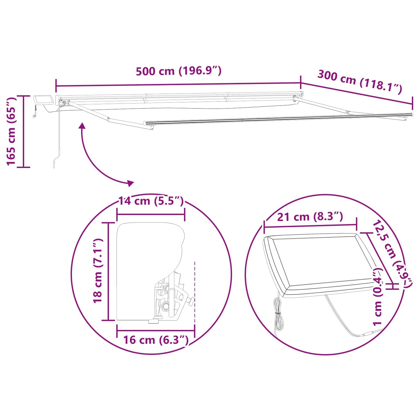 Manuel markise-ramme med LED-lys Antracit 5 x 3 m Aluminium