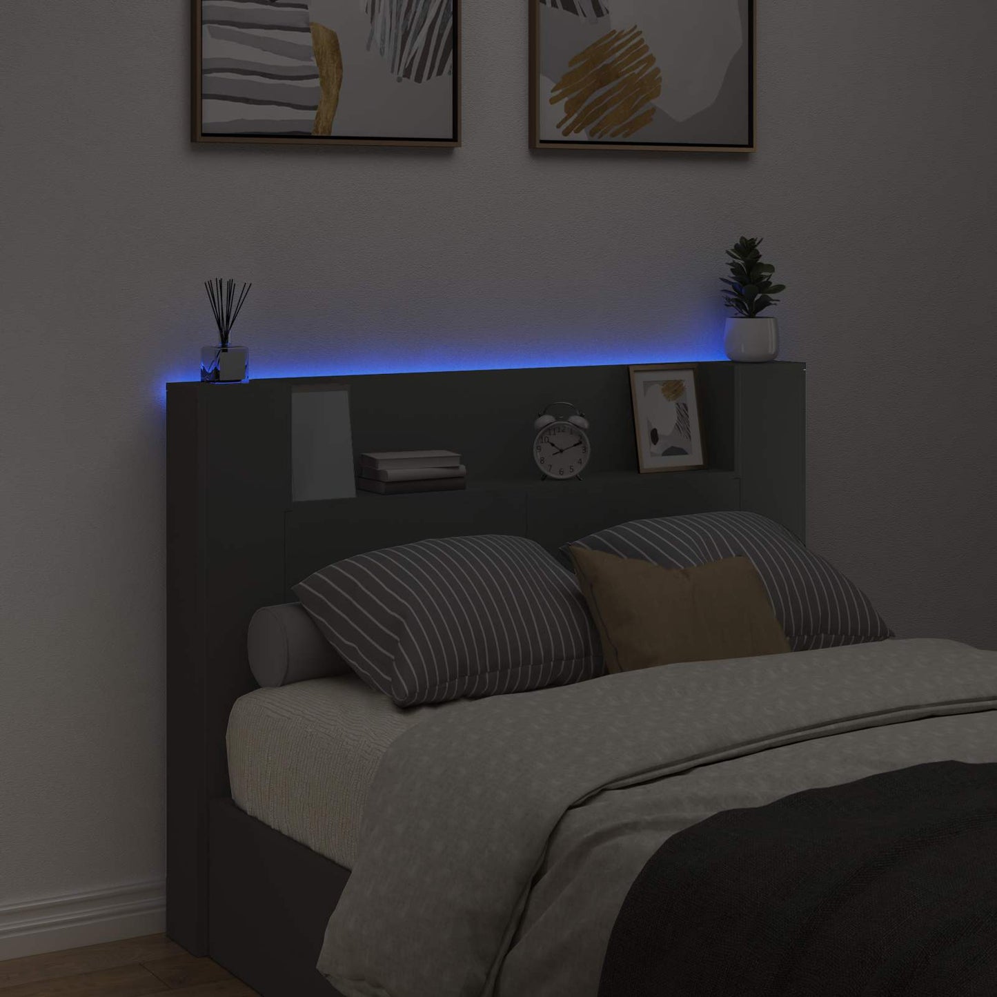 Opbevarings senggavl med LED Sort Konstrueret træ