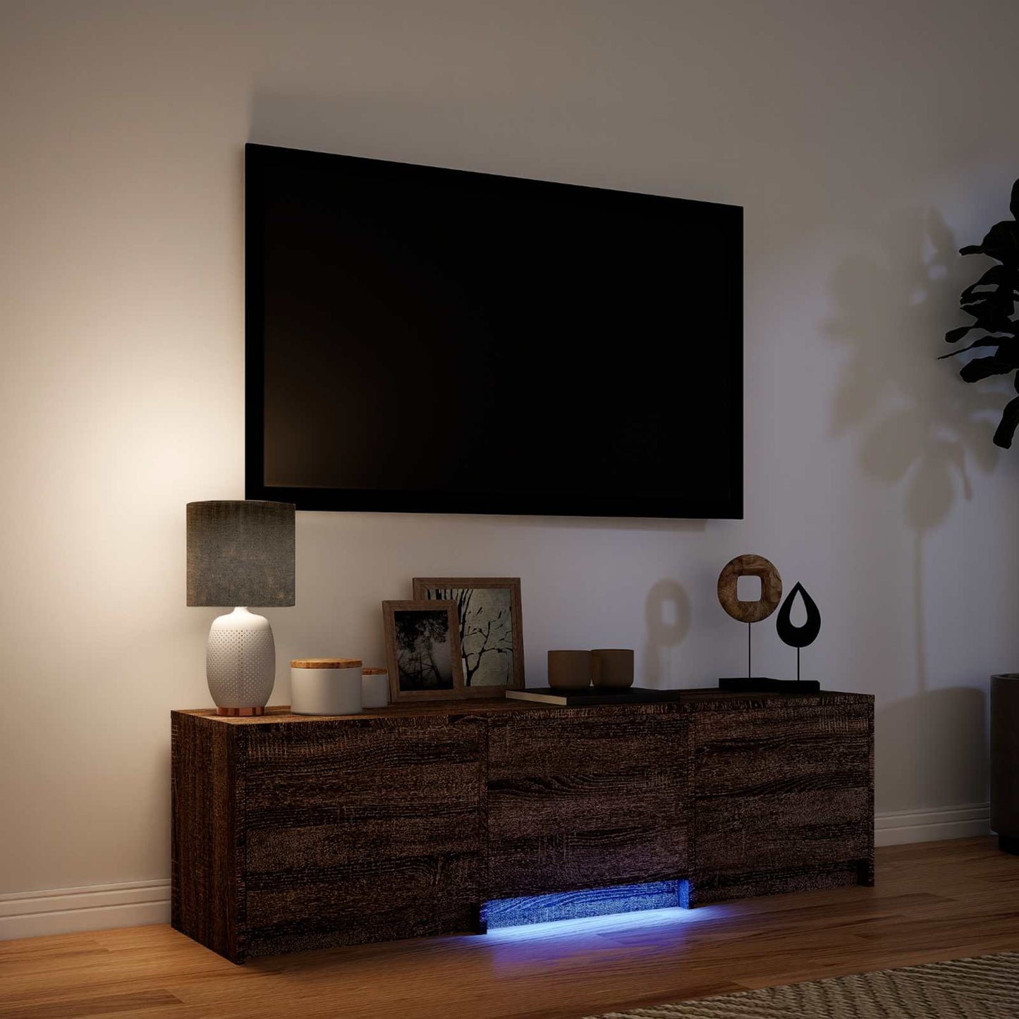 TV-bord med LED 140 x 34 x 40 cm Brun eg Konstrueret træ