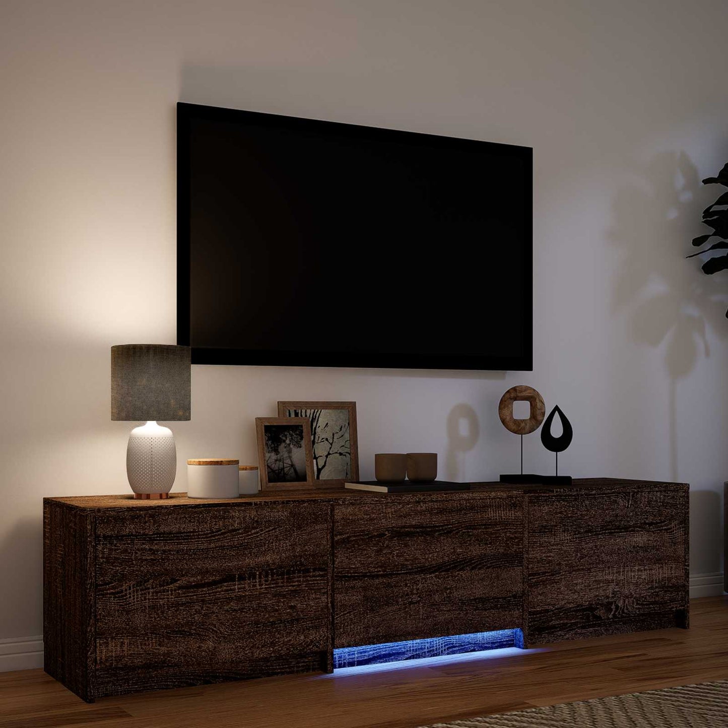 TV-bord med LED 165 x 34 x 40 cm Brun eg Konstrueret træ