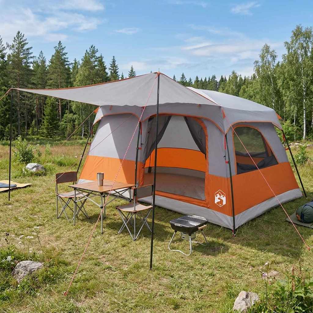 Familietelt 10 personer Grå og orange Polyester og Stål