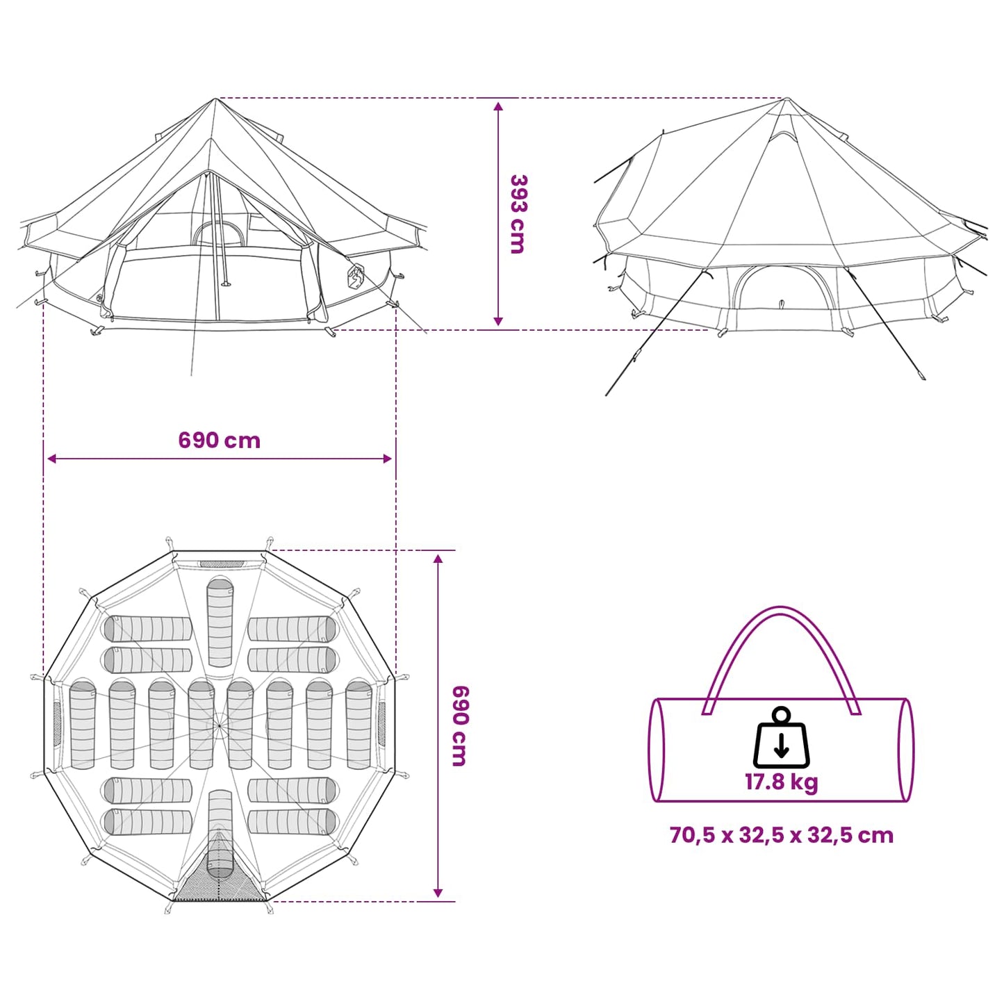 Tipi telt med tag Brun Grå 700 x 700 x 395 cm Polyester og Stål