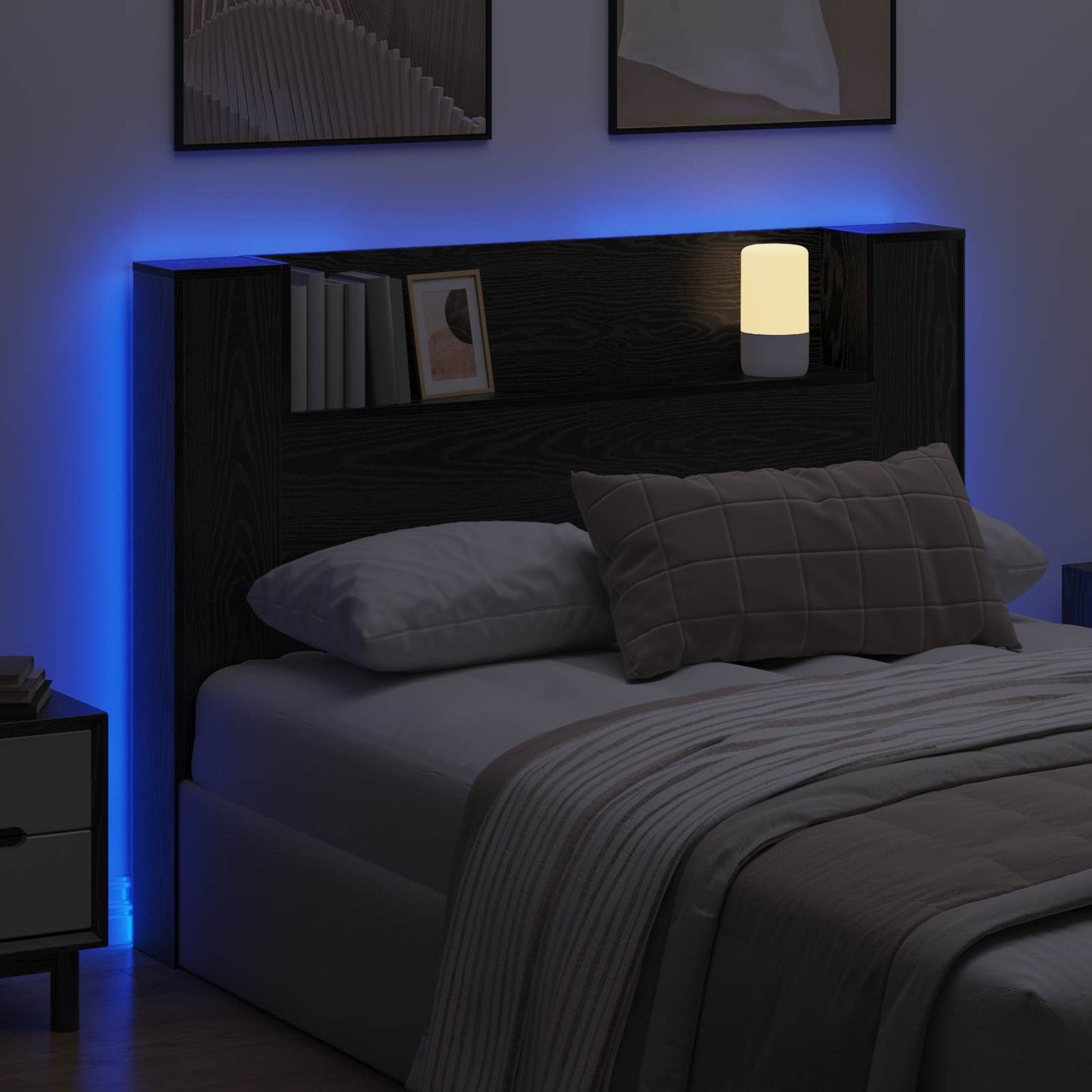 Hovedgærde kabinet med LED Sort Eg 140 x 16,5 x 103,5 cm