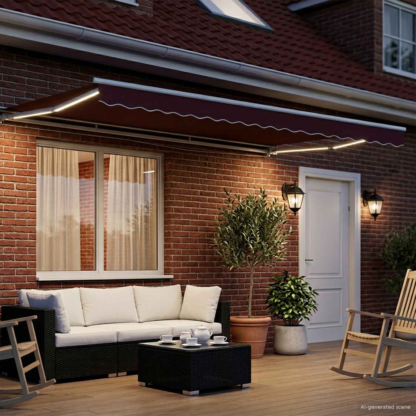 Manuel markise-ramme med LED-lys Bordeaux og Hvid 4,5 × 3 m