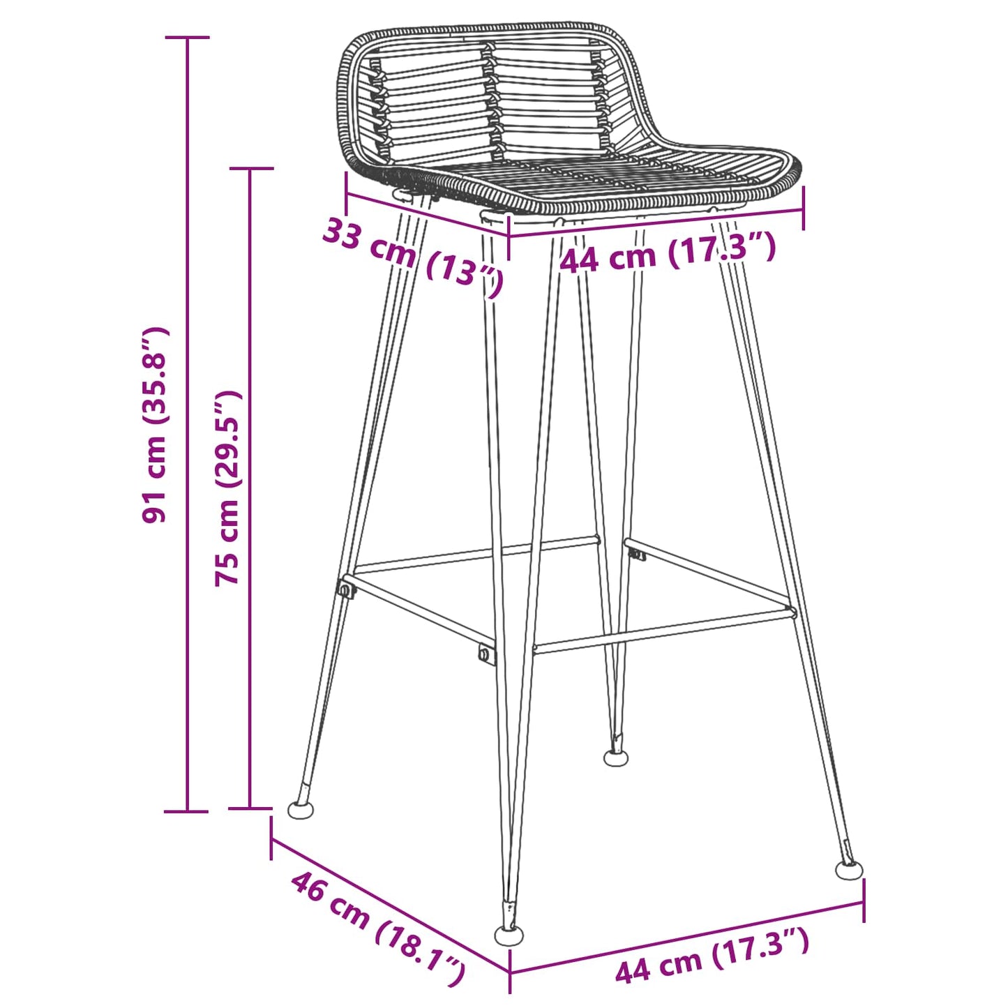 Barstol 44 x 46 x 91 cm Stangjern Dia, 10mm