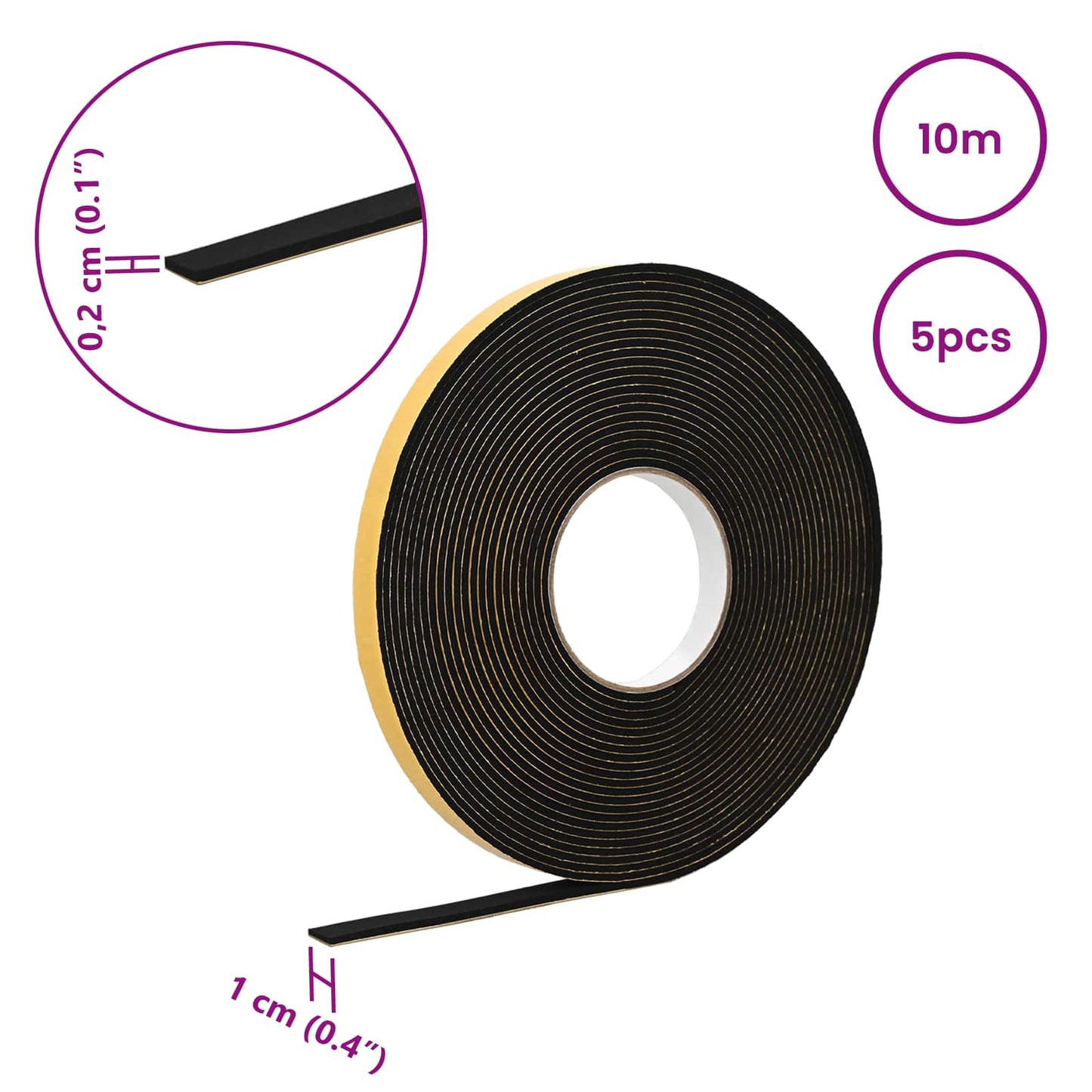 Selvklæbende skum tape 5 pcs Sort 10 mm x 10 m CR Skum