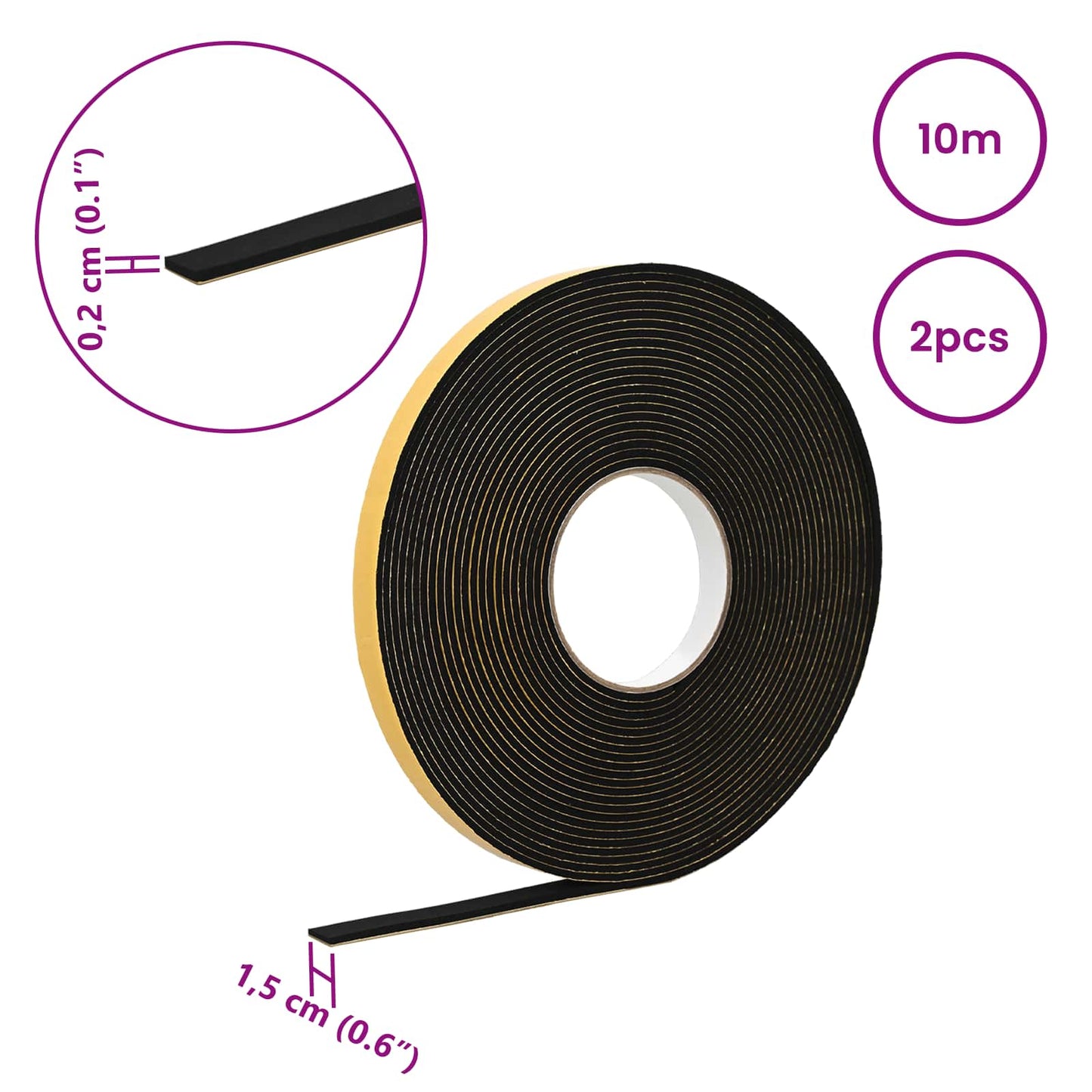 Selvklæbende skum tape 2 pcs Sort 15mm x 10m CR Skum