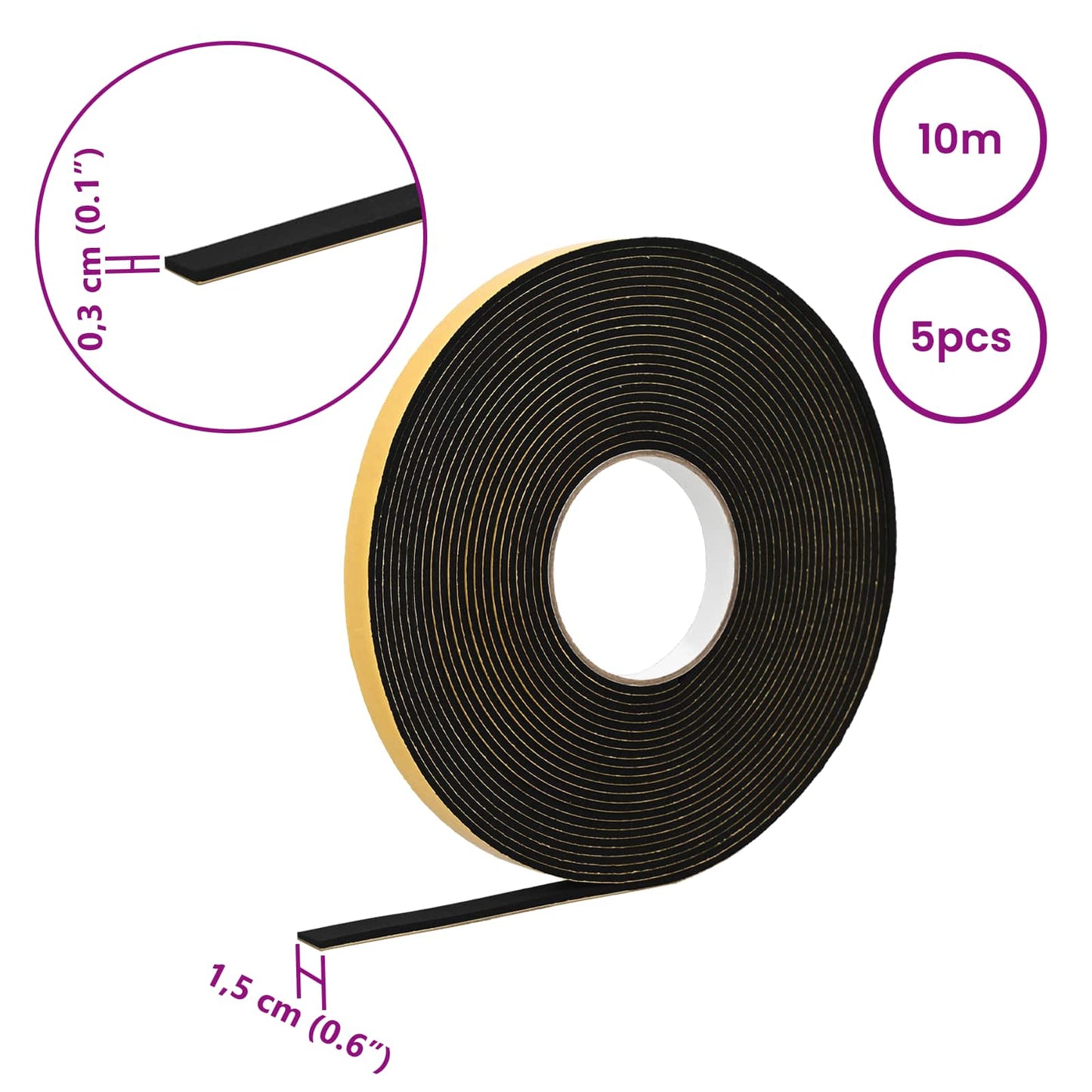 Selvklæbende skum tape 5 pcs Sort 15mm x 10m CR Skum
