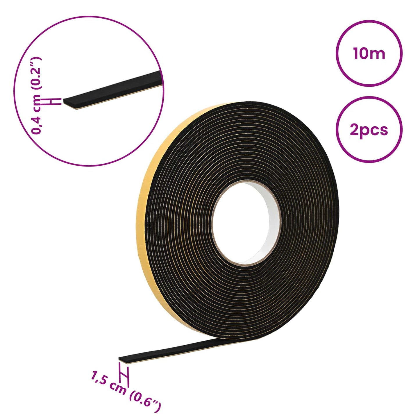 Selvklæbende skum tape 2 pcs Sort 15mm x 10m CR Skum