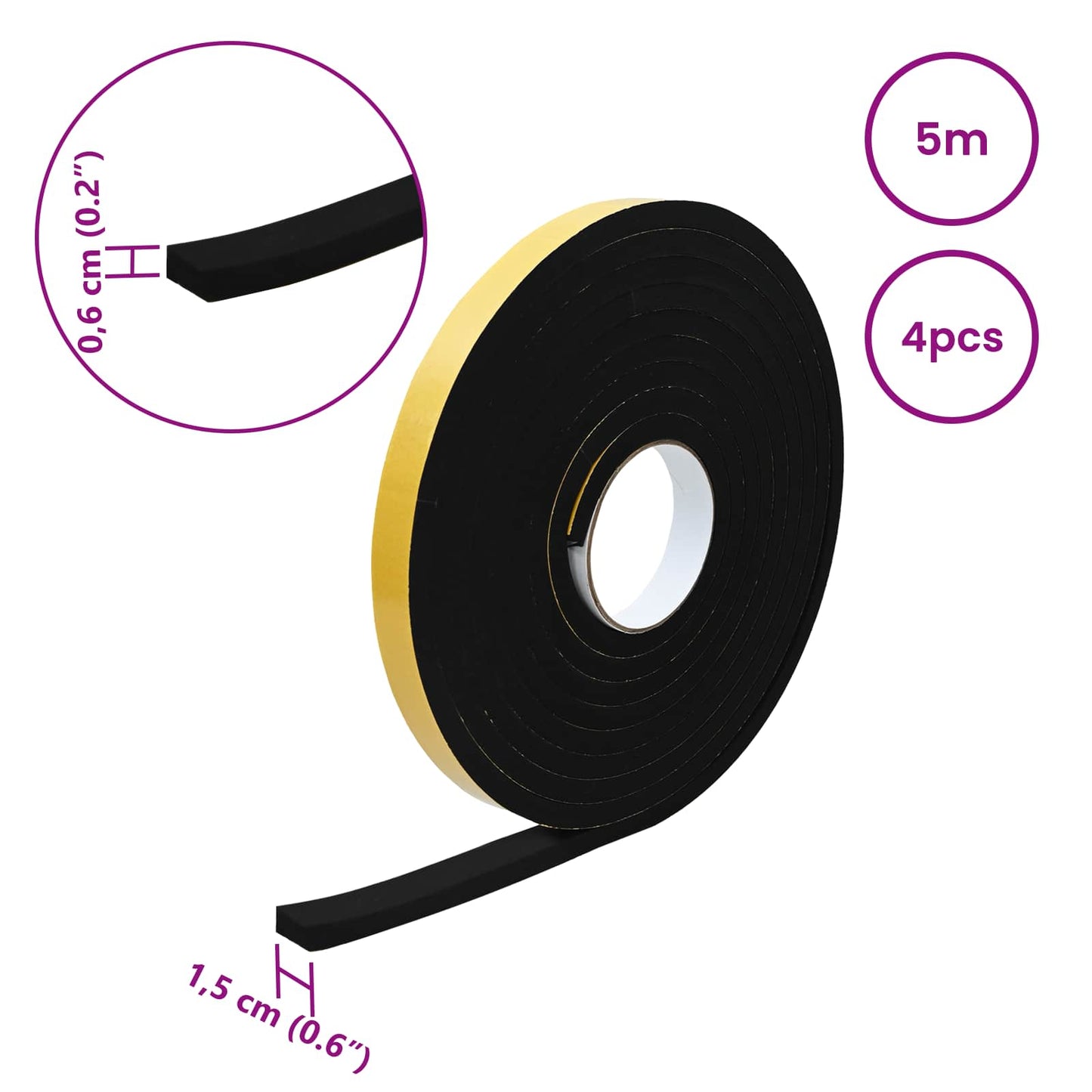 Selvklæbende skum tape 4 pcs Sort 15mm x 5m CR Skum