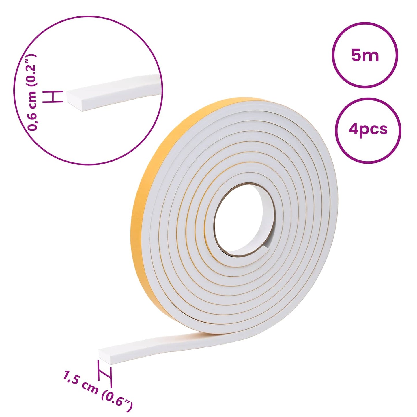 Selvklæbende skum tape 4 pcs Hvid 15mm x 5m CR Skum