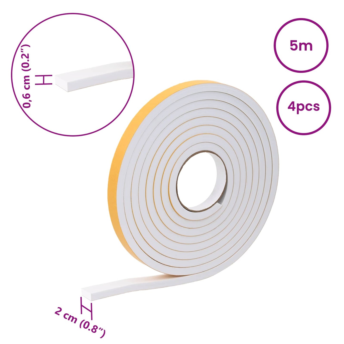 Selvklæbende skum tape 4 pcs Hvid 20mm x 5m CR Skum