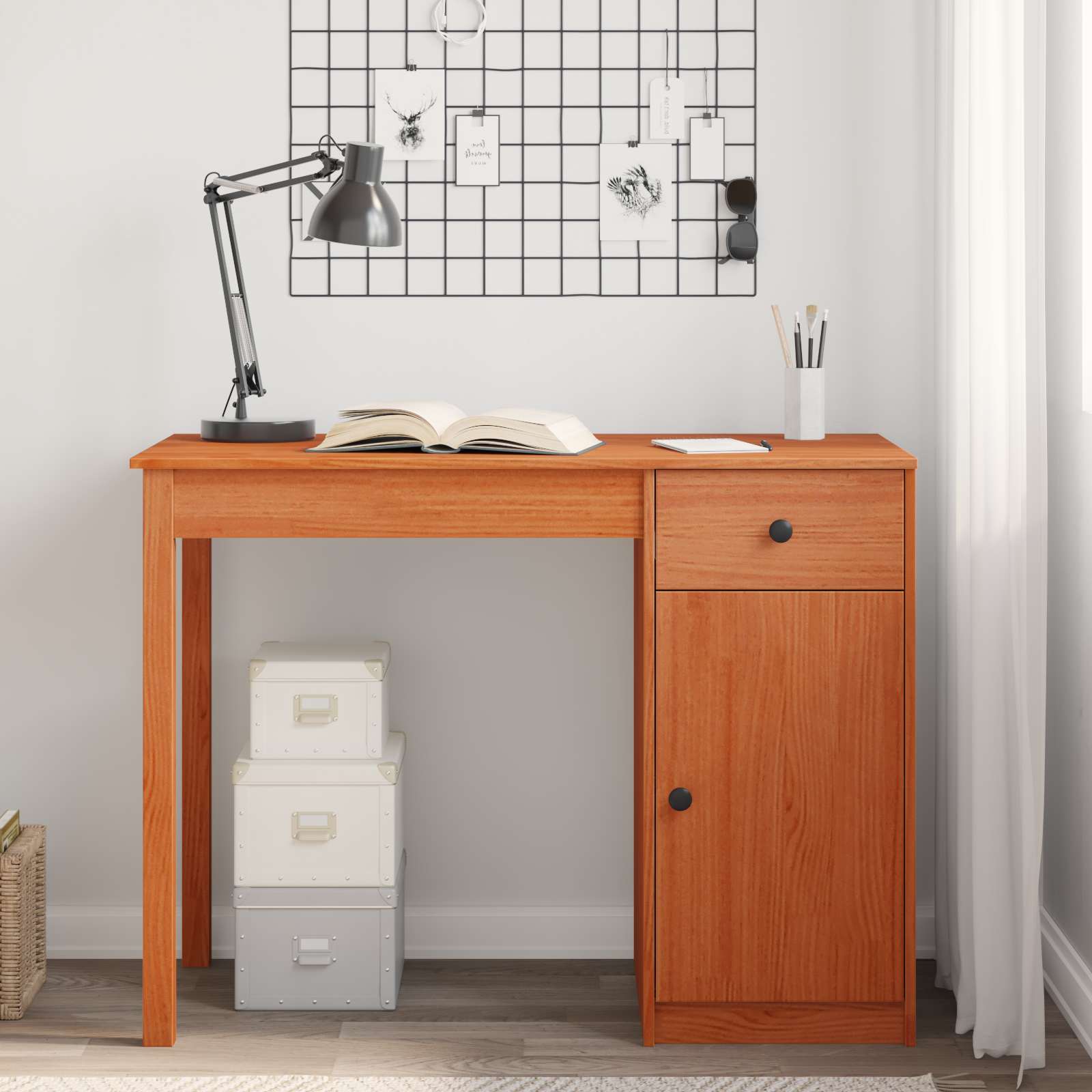 Skrivebord med skuffe - voksbrun fyrretræ, 100 × 50 × 74 cm