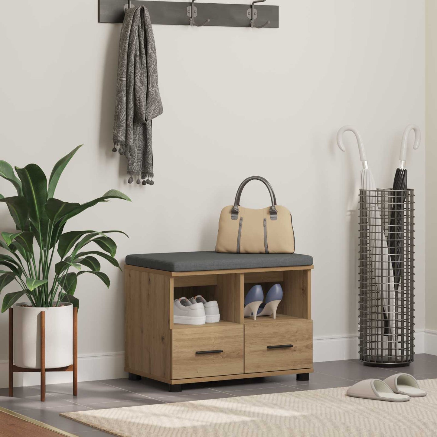 Sko bænk med pude Artisan-eg 60 x 38 x 46 cm Konstrueret træ