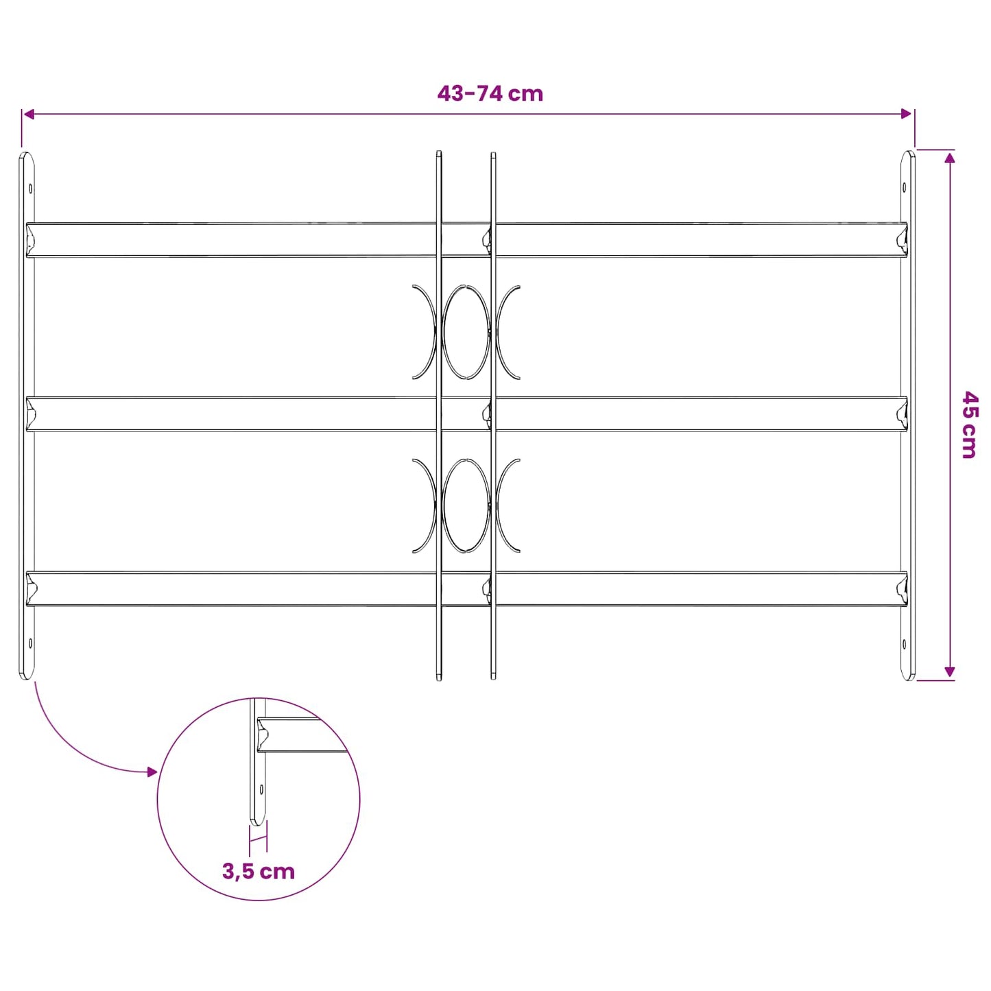 Sikkerhedsrist til vinduer med 3 tværstænger 3 pcs 430-740 mm