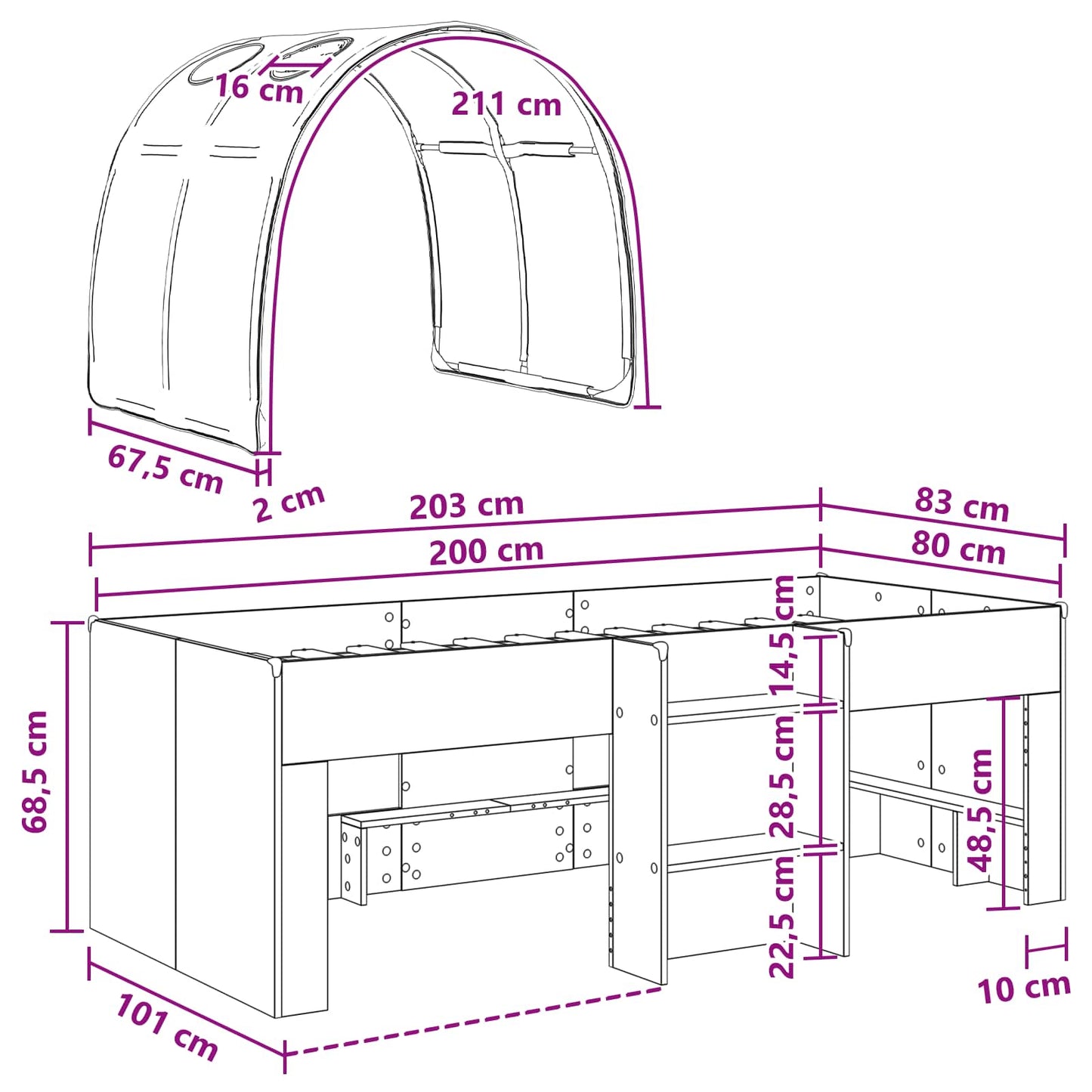 Seng med Tunnel 4 pcs Hvid og blå Konstrueret træ