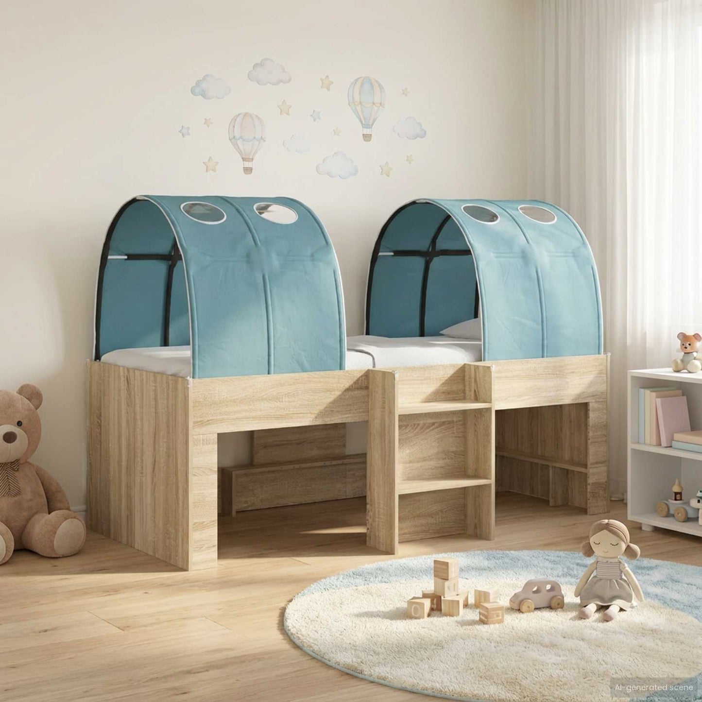 Kids'høj seng med tunnel 3 stk. Sonoma-eg og lyseblå