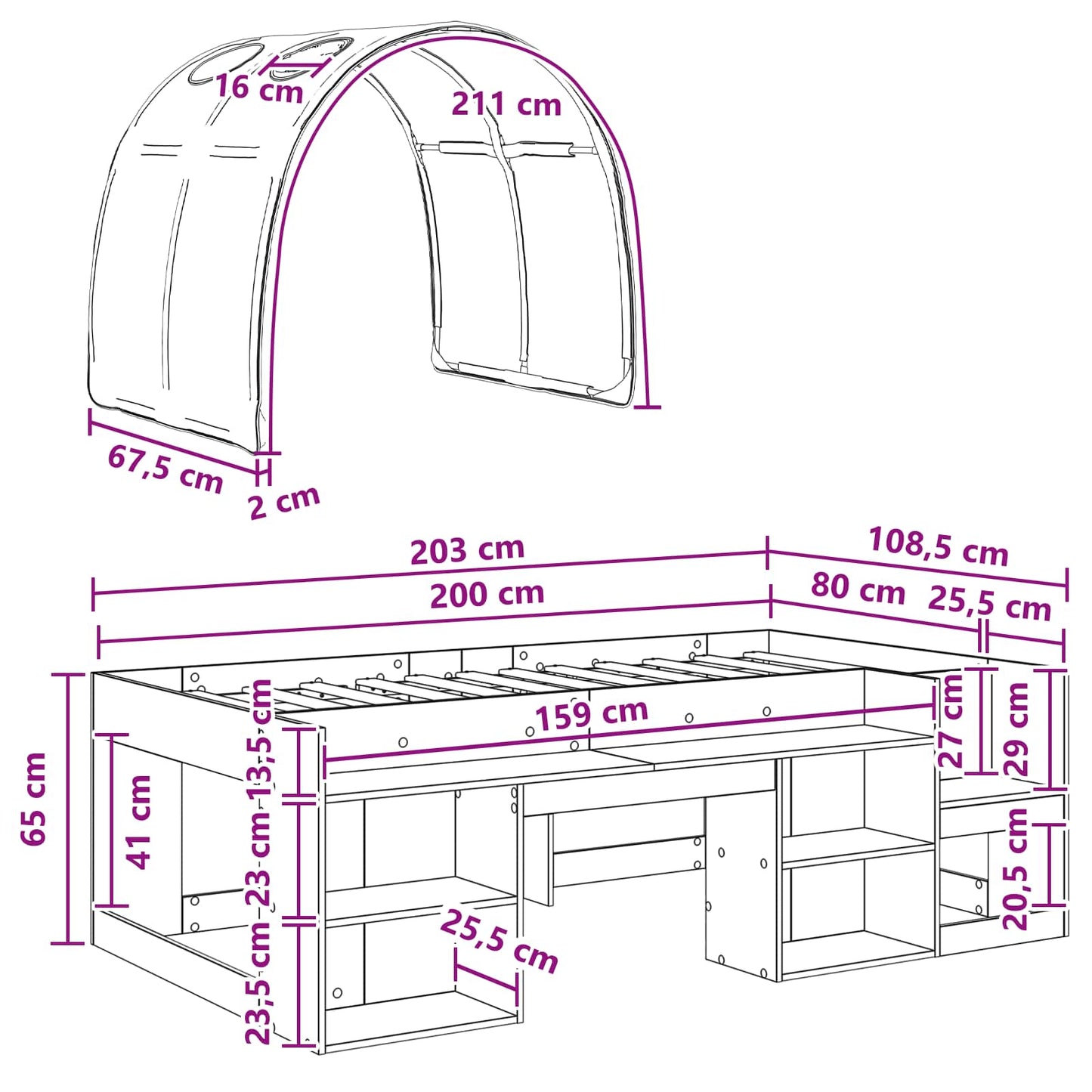 Seng med Tunnel 3 stk. Sonoma-eg og blå Konstrueret træ