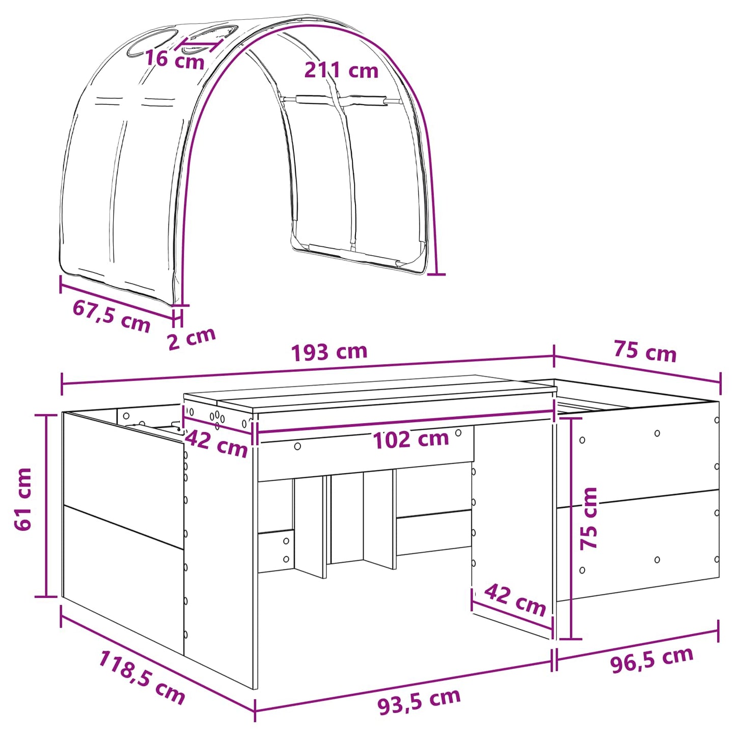 Seng med Tunnel 3 stk. Artisian Eg og Pink Konstrueret træ