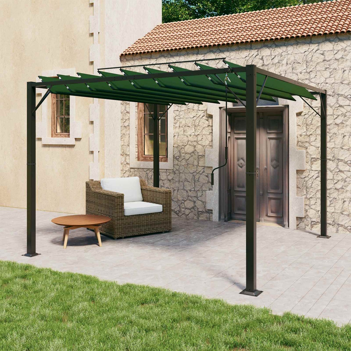 Pergola med louvret tag 3 x 3 x 2,14 m Grøn Stof og aluminium