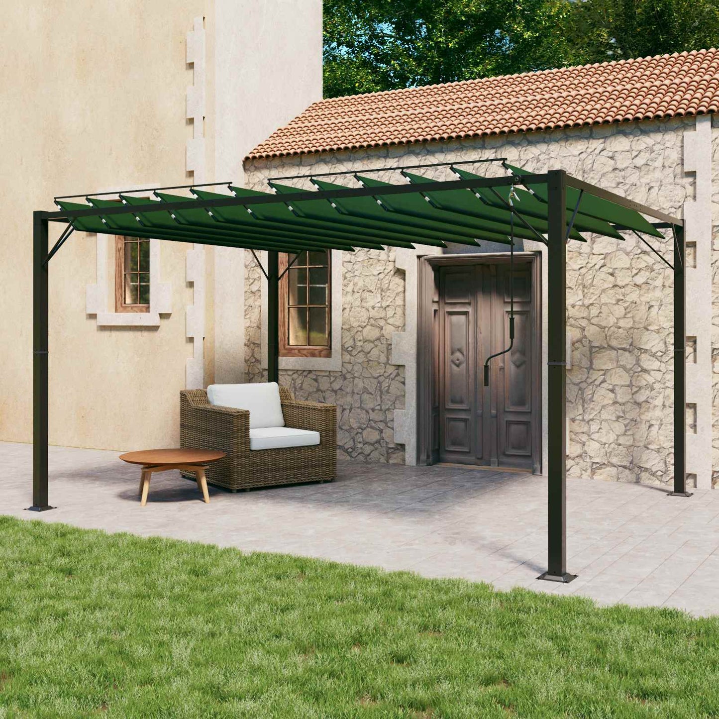 Pergola med louvret tag 3 x 4 x 2,14 m Grøn Stof og aluminium