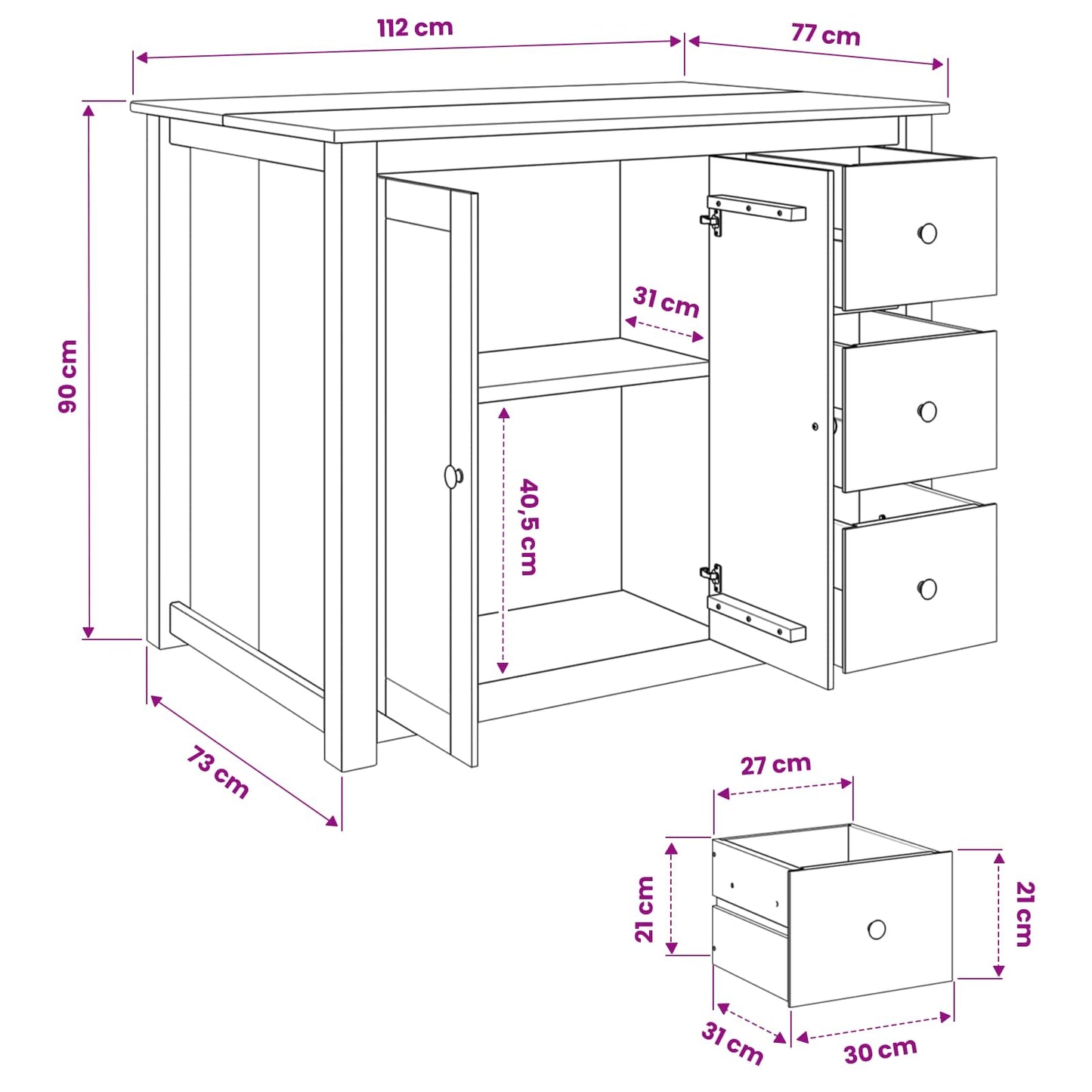 Køkkenvogn PANAMA 2 pcs Hvid og Honning Voks 112 x 77 x 90 cm