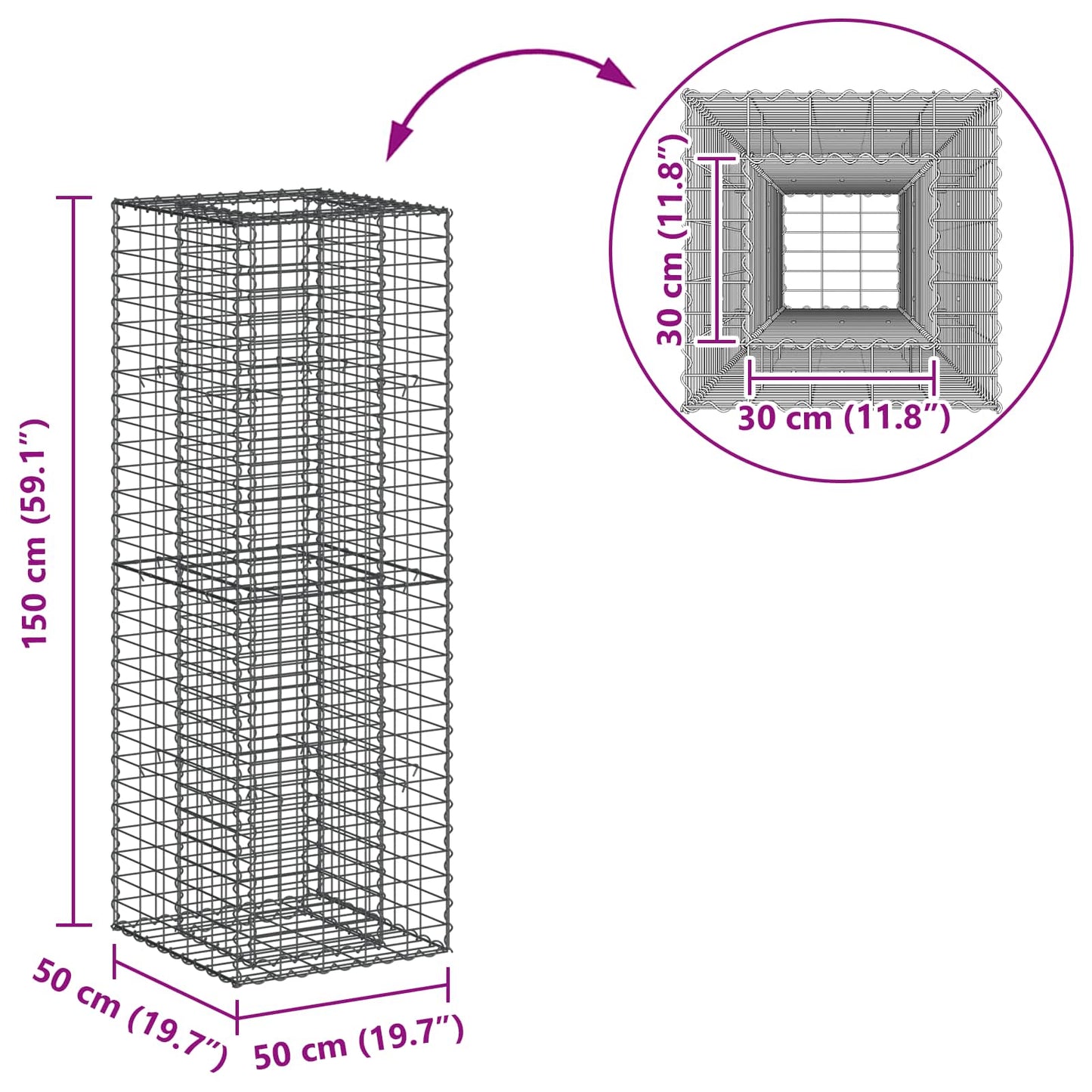 Gabion højbed 50 x 50 x 150 cm Galvaniseret stål Sølv