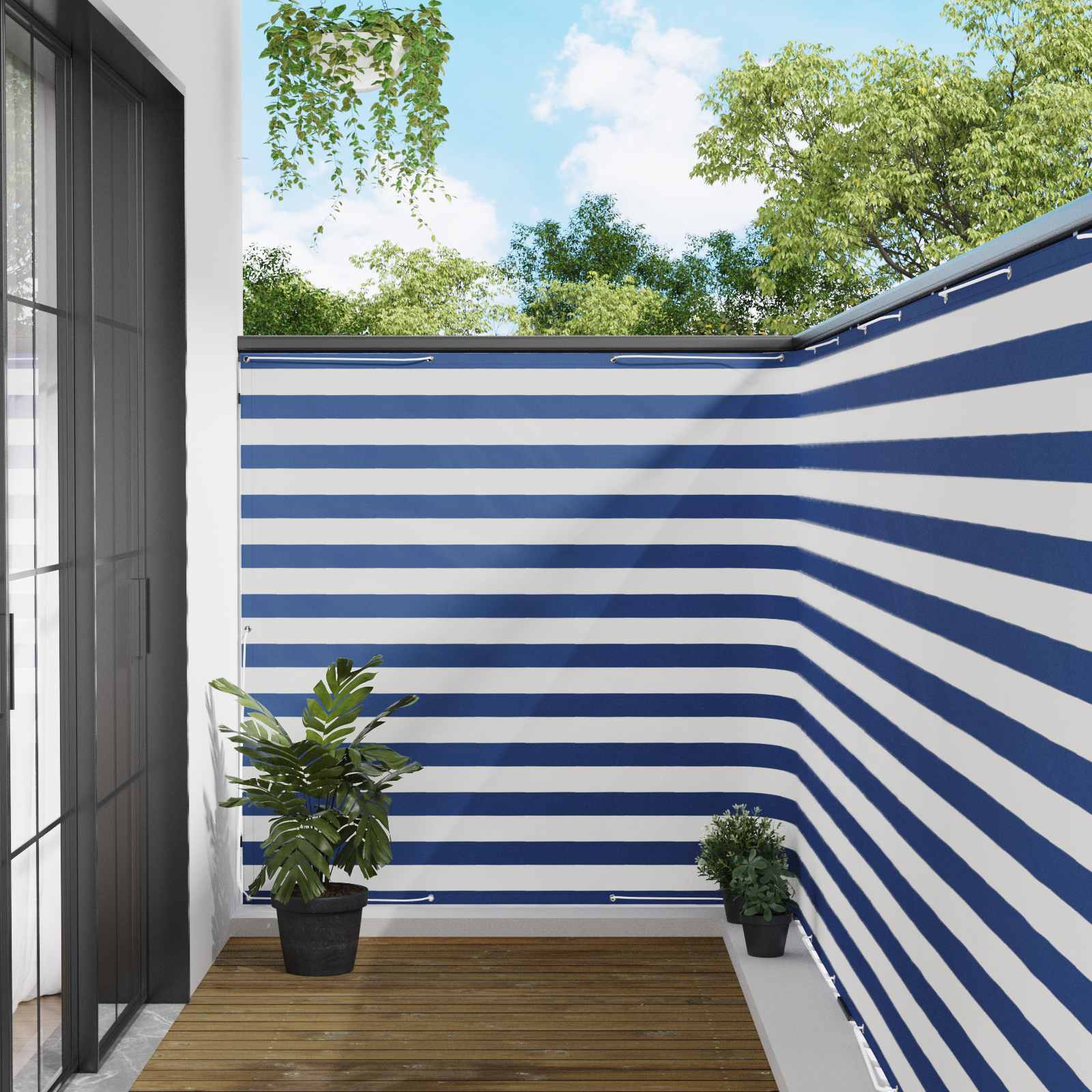 Balkon afskærmning 150 × 500 cm - stribet blå/hvid, stof med PU-belægning