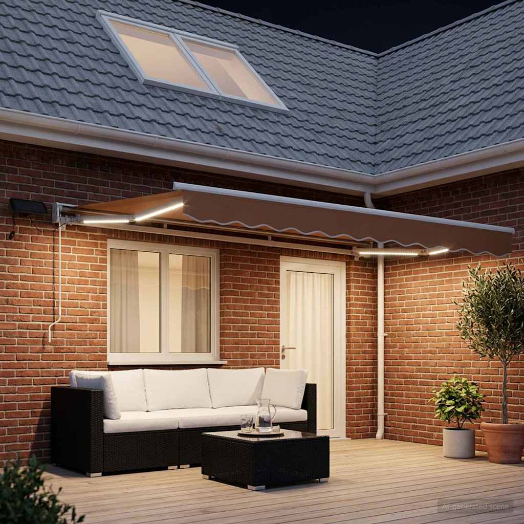 Manuel markise-ramme med LED-lys Sandfarvet 5 × 3,5 m