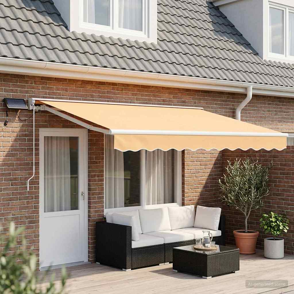 Manuel markise-ramme med LED-lys Sandfarvet 5 × 3,5 m