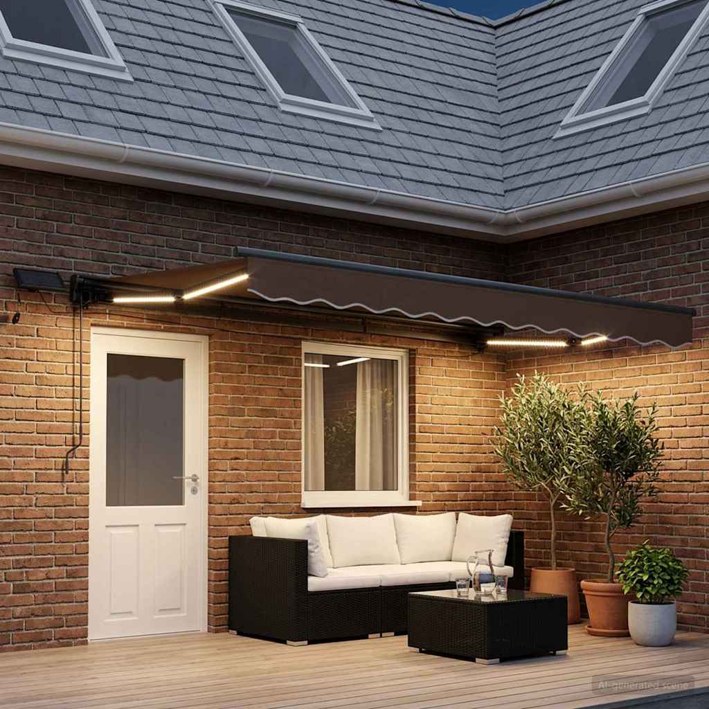 Manuel markise-ramme med LED-lys Gråbrun 5 x 3 m