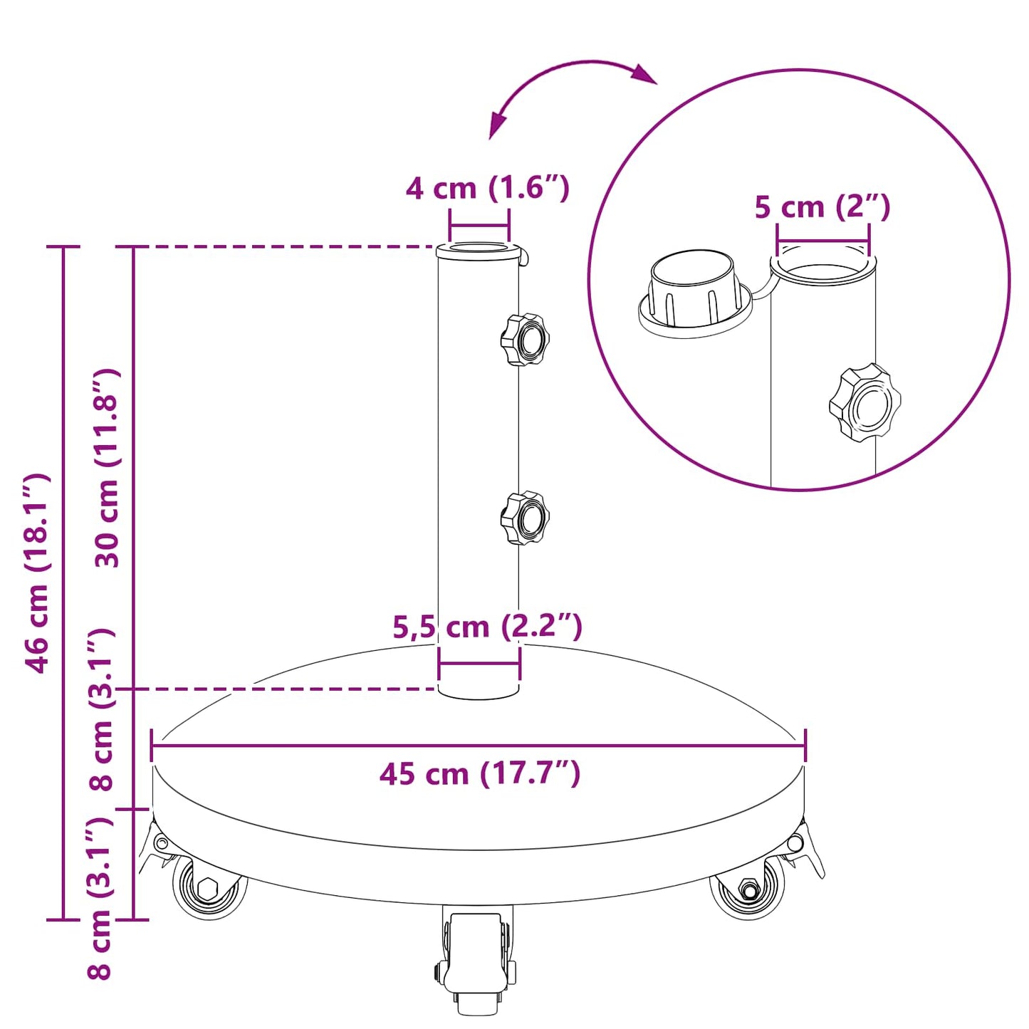 Granitsokkel med hjul til 40-50 mm mast 29 kg Sort