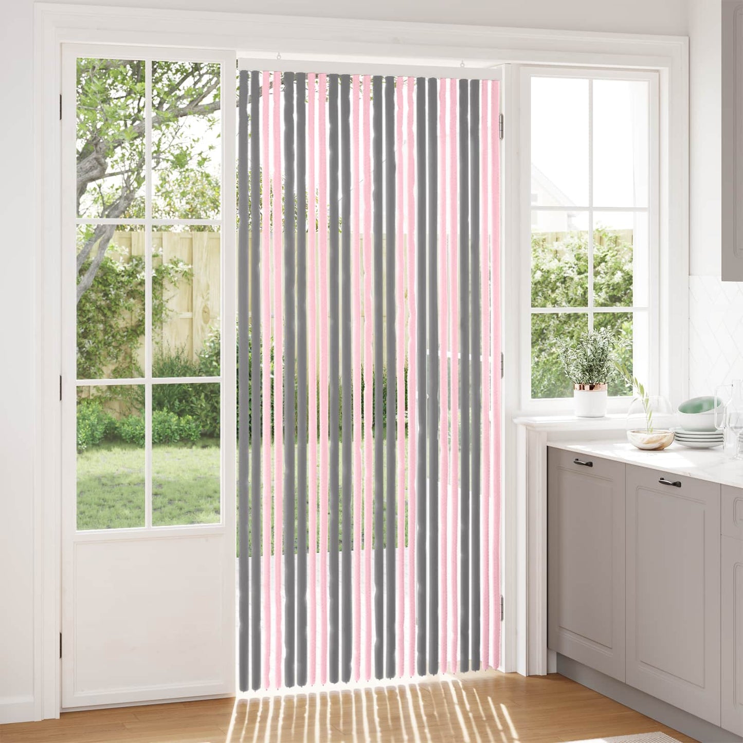 Insektgardin i chenille Sølvgrå og lyserød 100 x 220 cm 100% PP