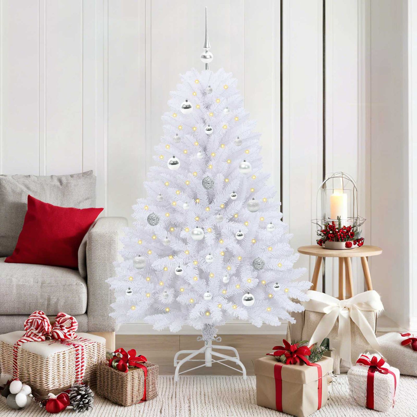 Kunstigt Hinged Juletræ med 150 LED'er Hvid 150 cm PVC og Stål