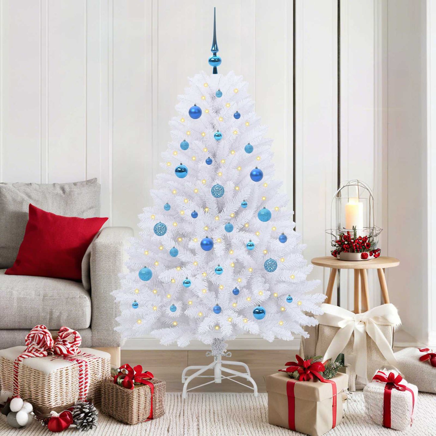 Kunstigt Hinged Juletræ med 150 LED'er Hvid 150 cm PVC og Stål