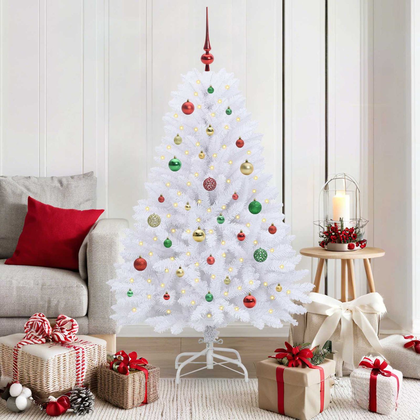 Kunstigt Hinged Juletræ med 150 LED'er Hvid 150 cm PVC og Stål