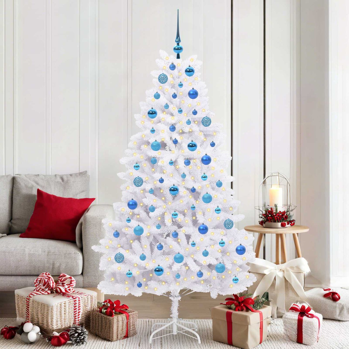 Kunstigt Hinged Juletræ med 300 LED'er Hvid 180 cm PVC og Stål