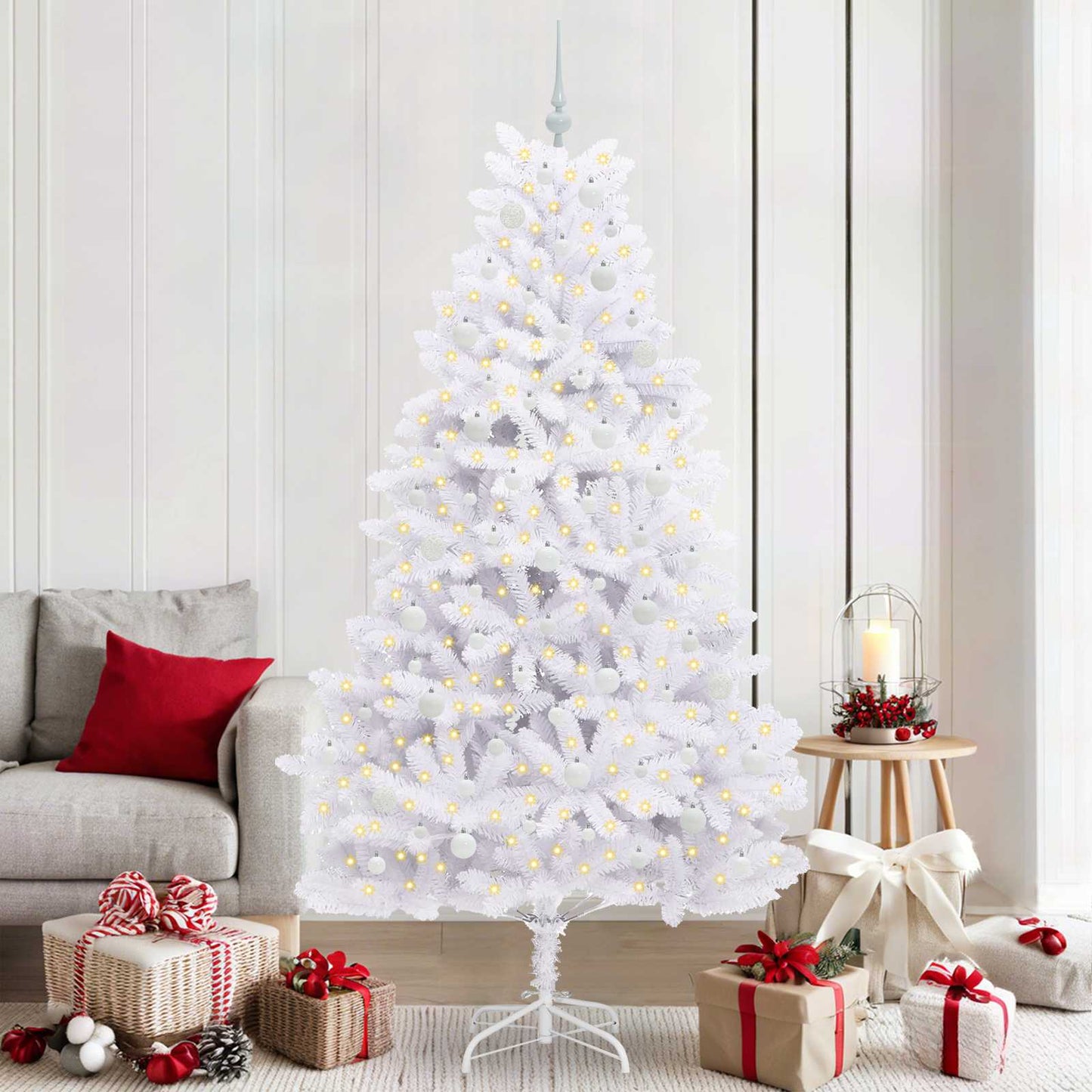 Kunstigt Hinged Juletræ med 300 LED'er Hvid 210 cm PVC og Stål