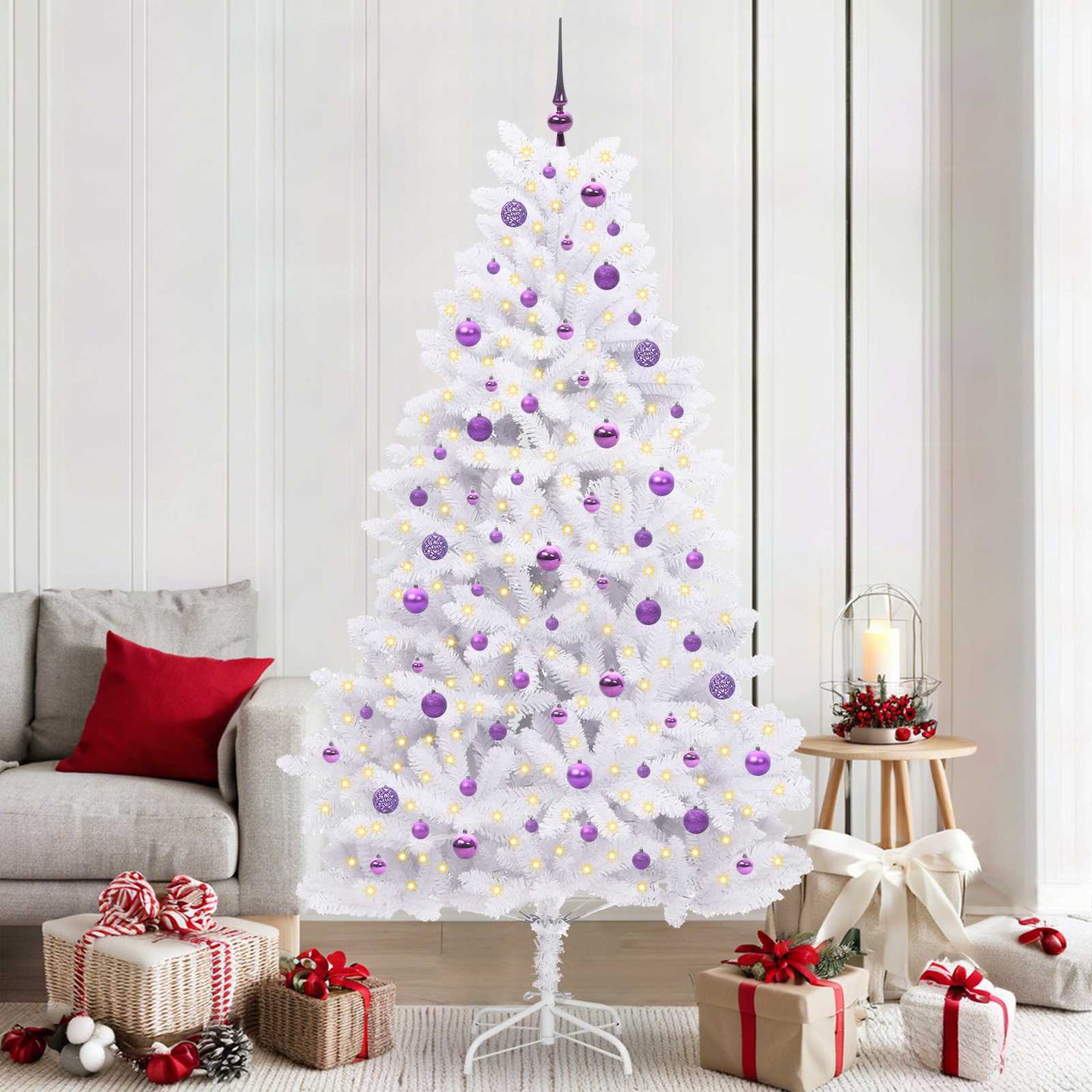 Kunstigt Hinged Juletræ med 300 LED'er Hvid 210 cm PVC og Stål