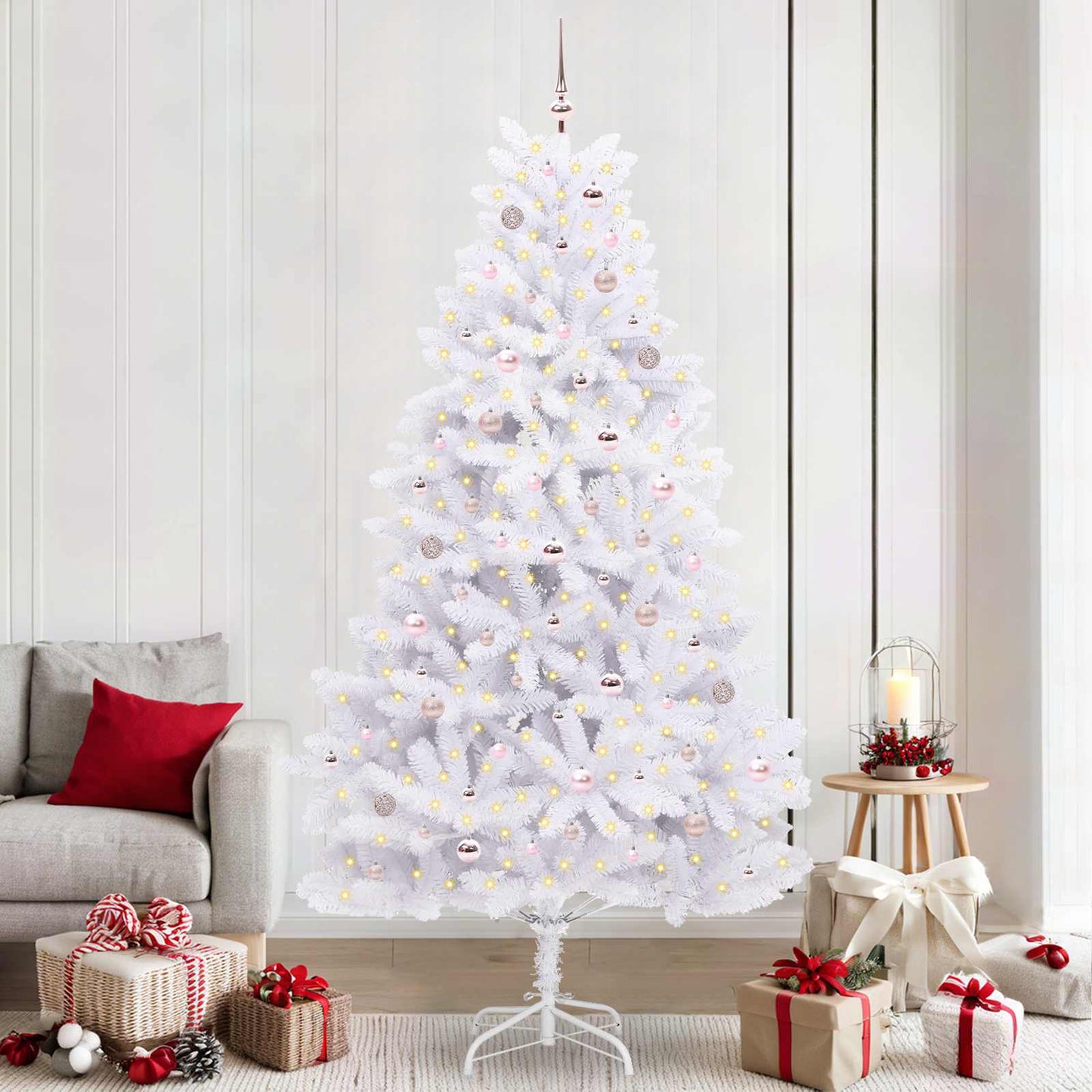 Kunstigt Hinged Juletræ med 300 LED'er Hvid 240 cm PVC og Stål