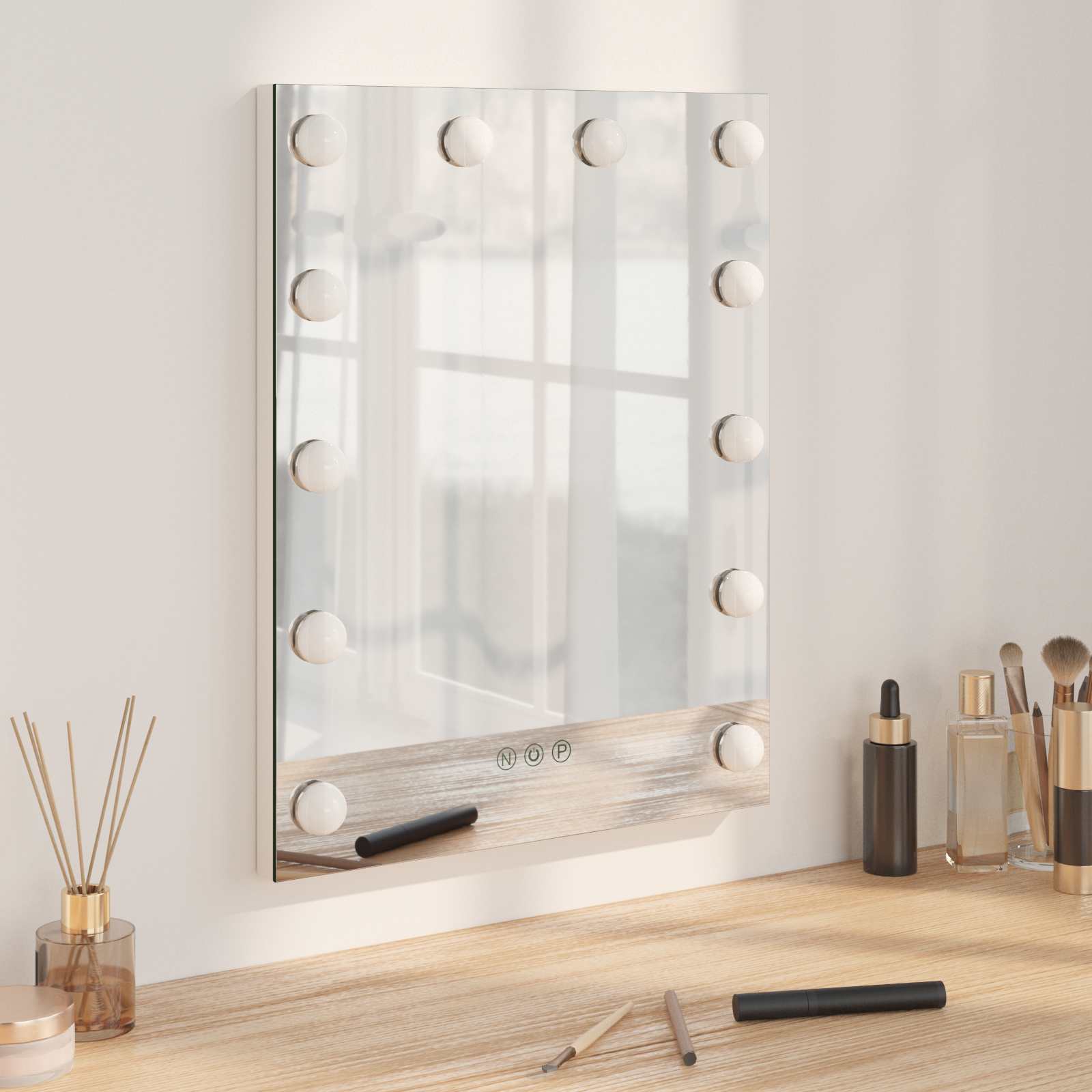 LED makeupspejl - hvid, 44 × 10 × 53 cm, glas og stål