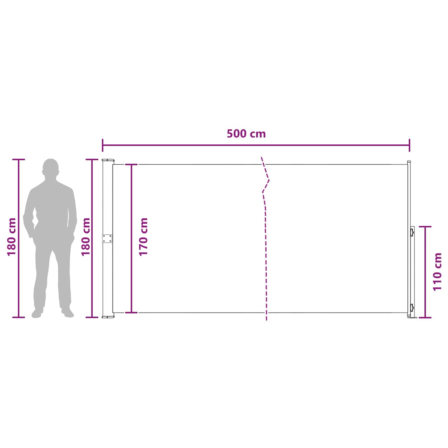 Udtrækkeligt side-markise 180 x 500 cm 100% polyester jern stål